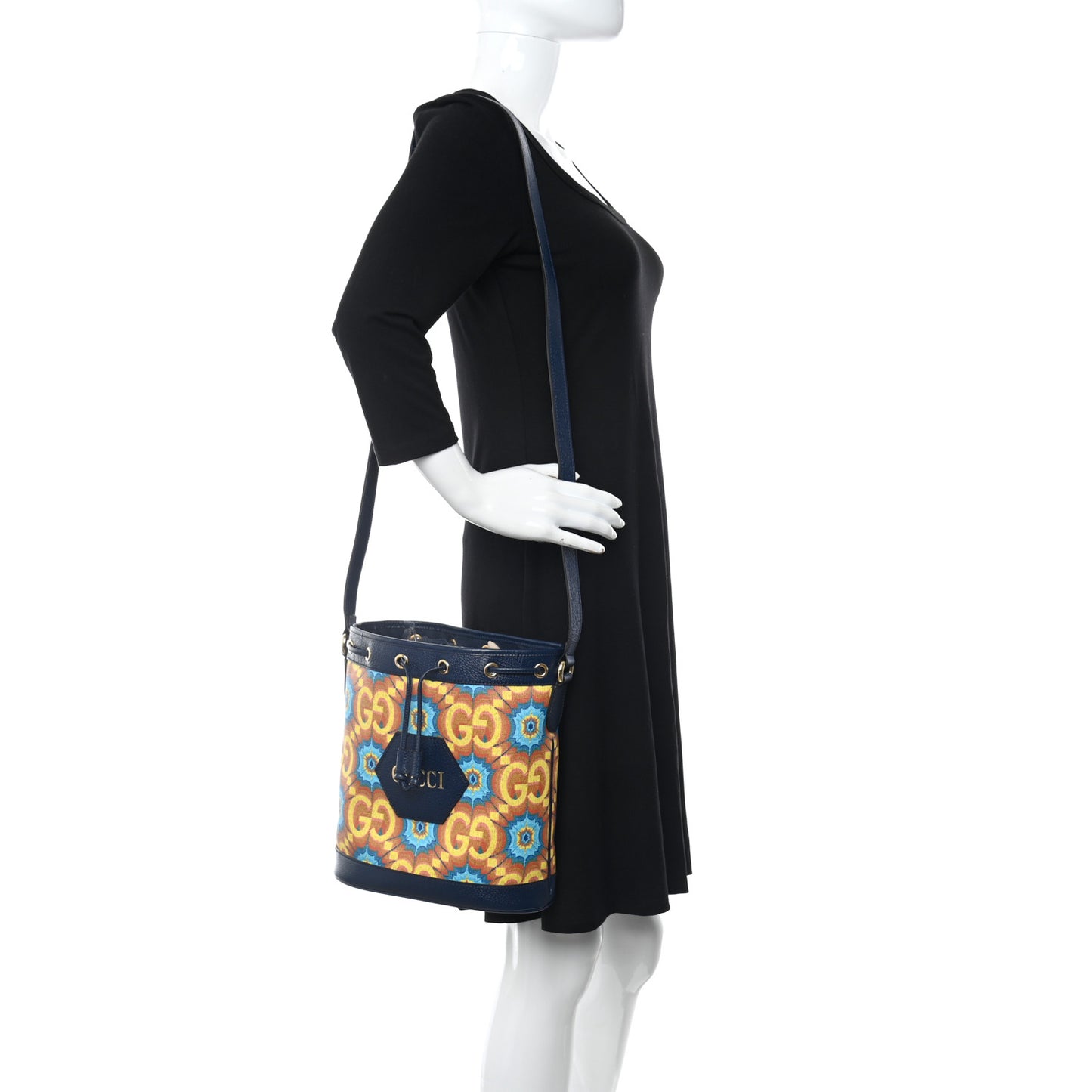 GG Supreme Kaleidoscope Calfskin Script Logo Gucci 100 Bucket Drawstring Bag Blue Orange Multicolor Blue Agata