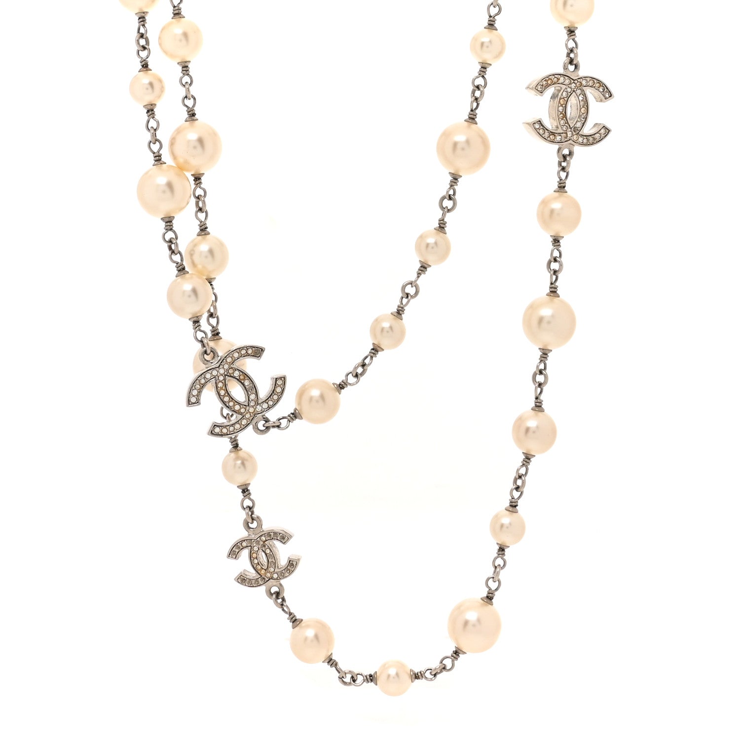Chanel Crystal Pearl CC Long Necklace Silver 1 of 5