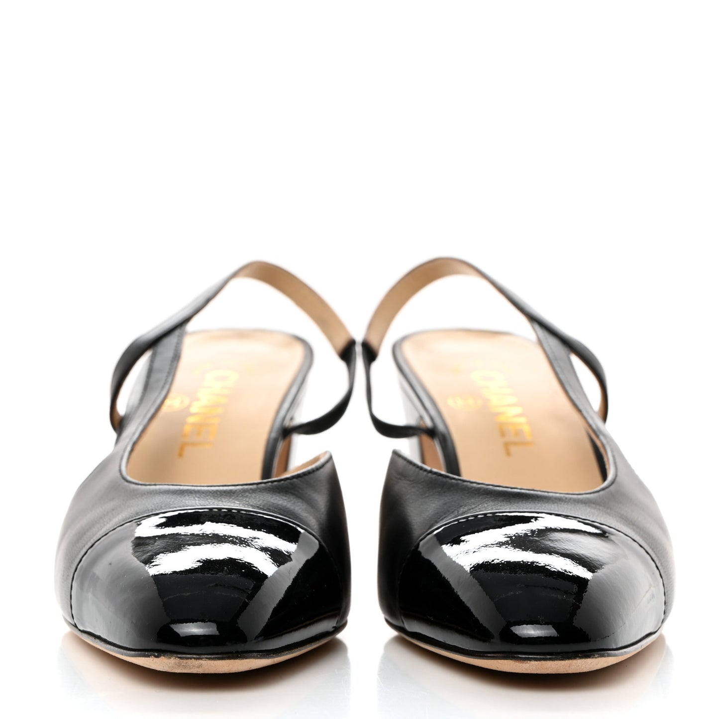 Lambskin Patent Cap Toe CC Slingback Pumps 38 Black