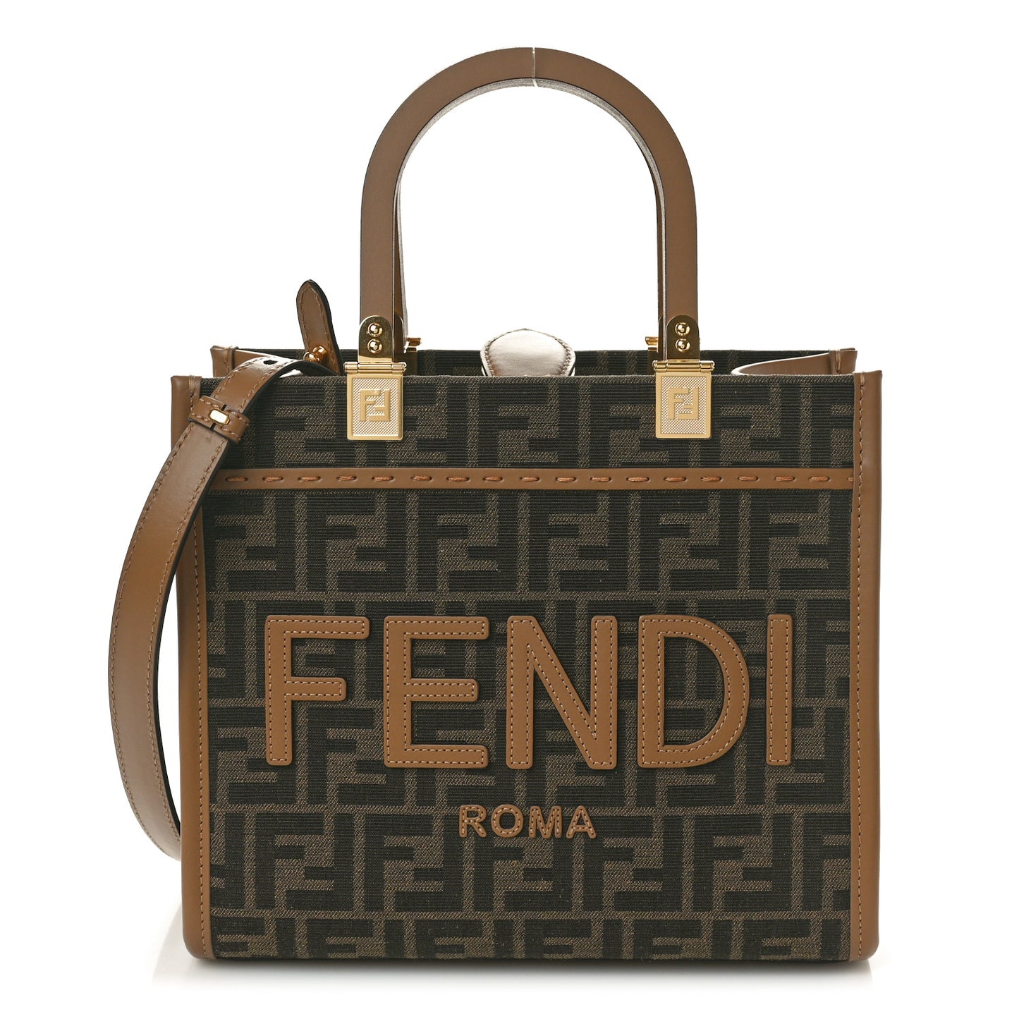 Fabric Jacquard FF 1974 Logo Small Fendi Sunshine Shopper Tote Tobacco Moro Sand