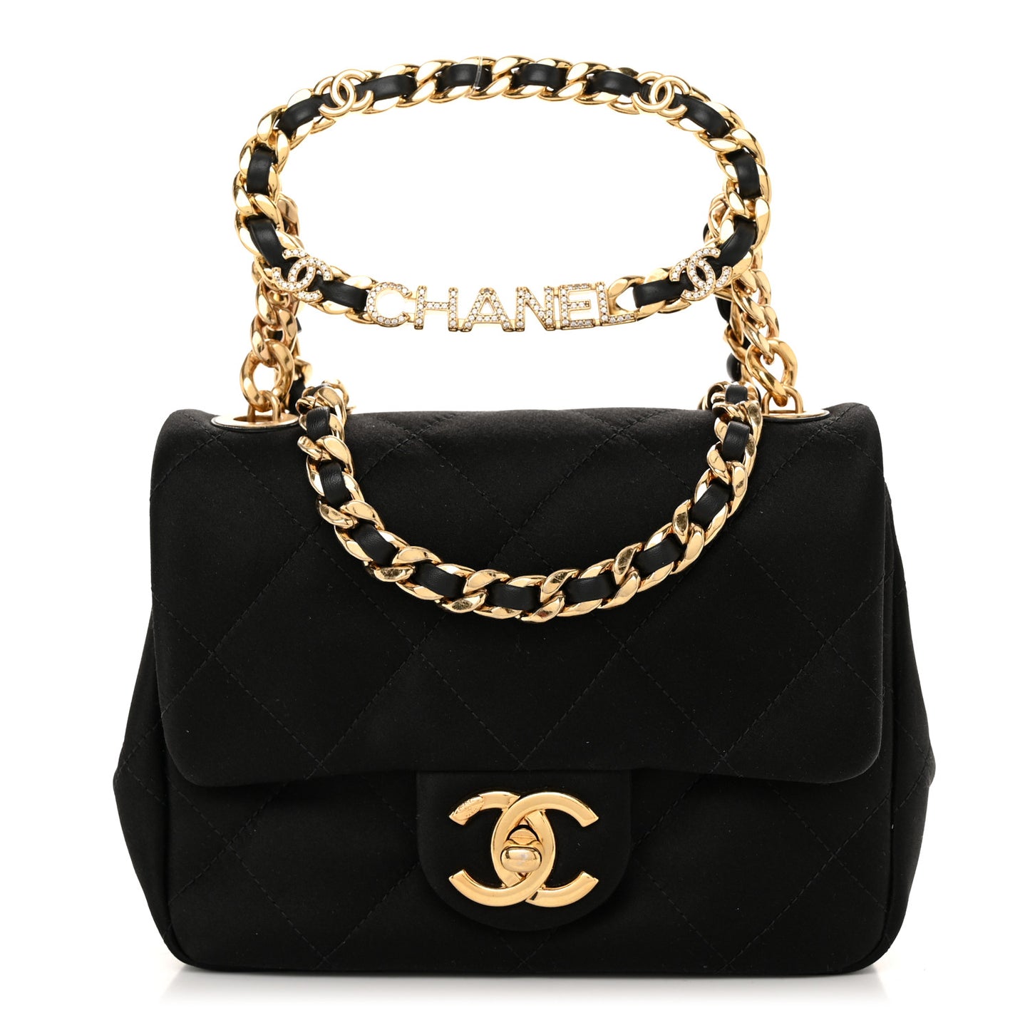 Satin Quilted Mini Logo Flap With Handle Black
