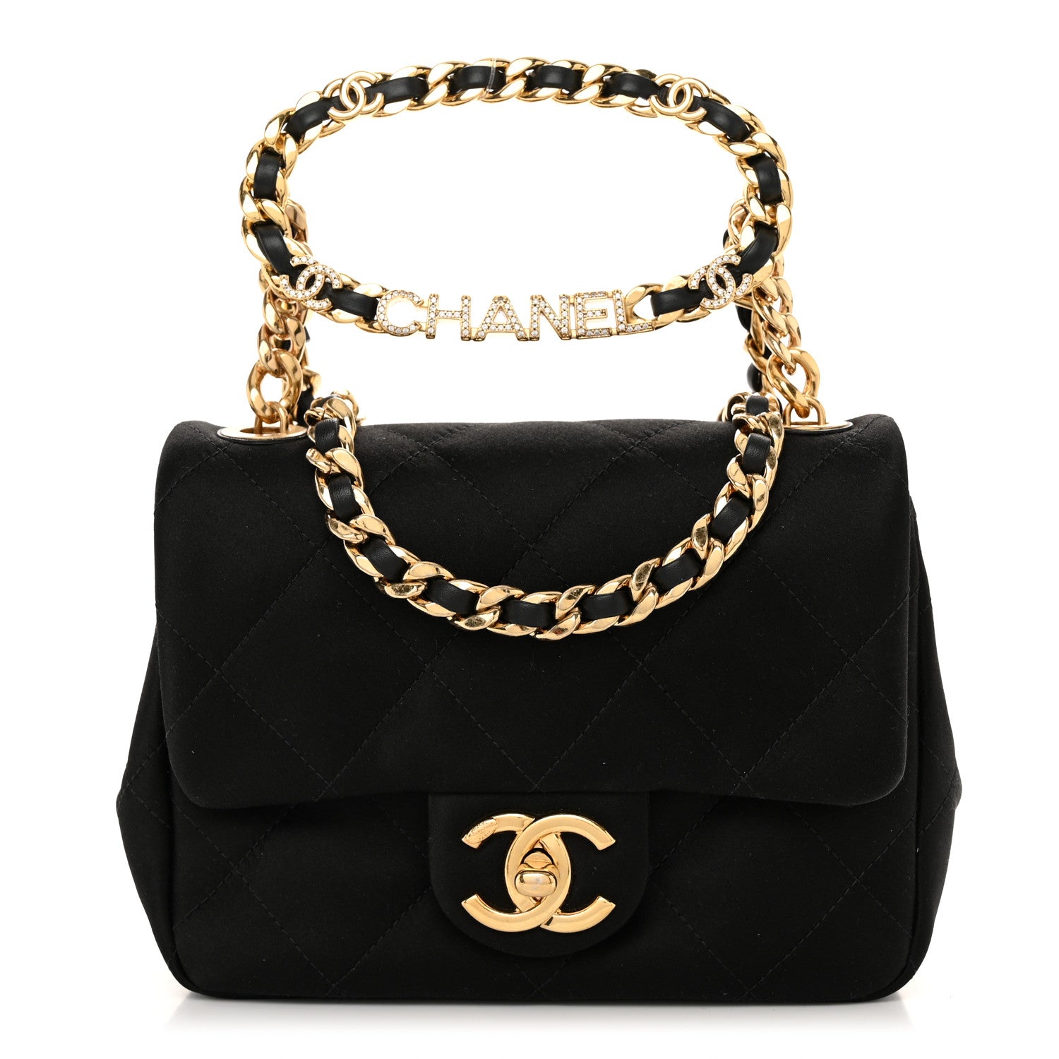 Chanel Satin Quilted Mini Logo Flap With Handle Black 1 of 10