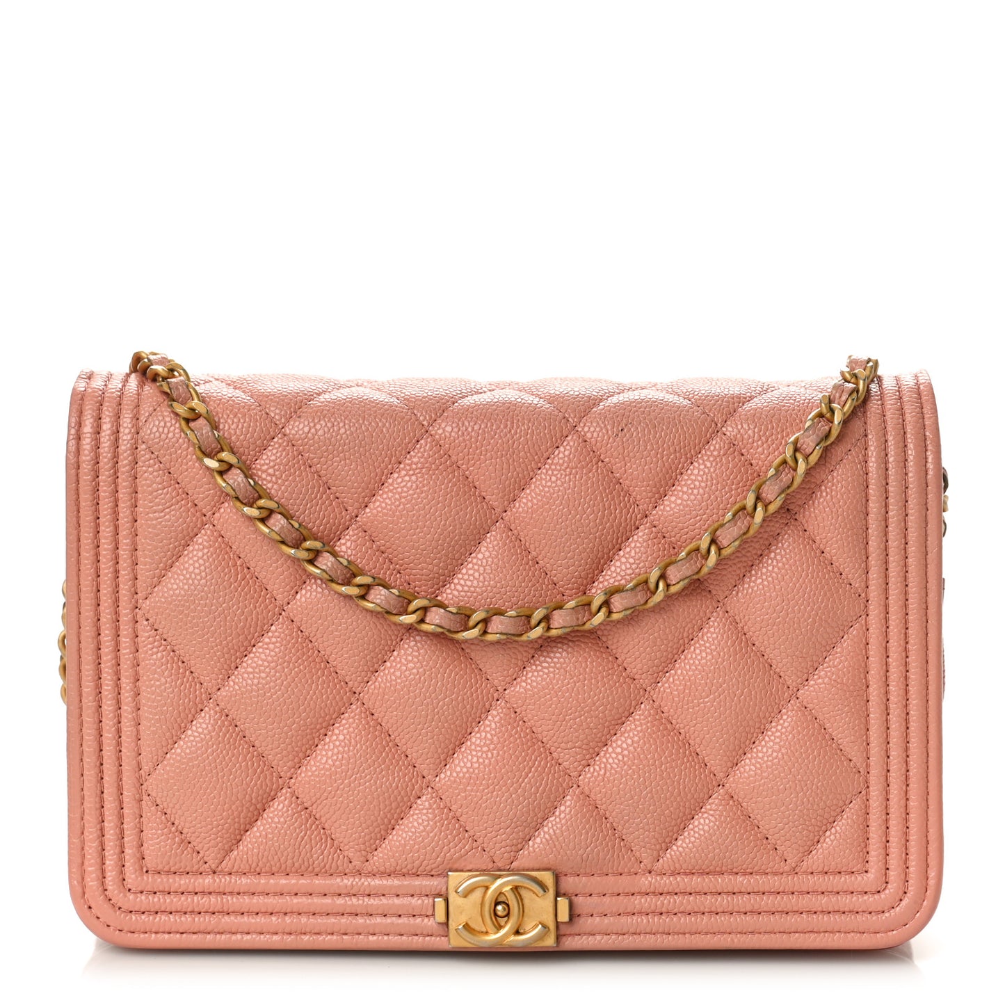 Iridescent Caviar Quilted Boy Wallet On Chain WOC Pink