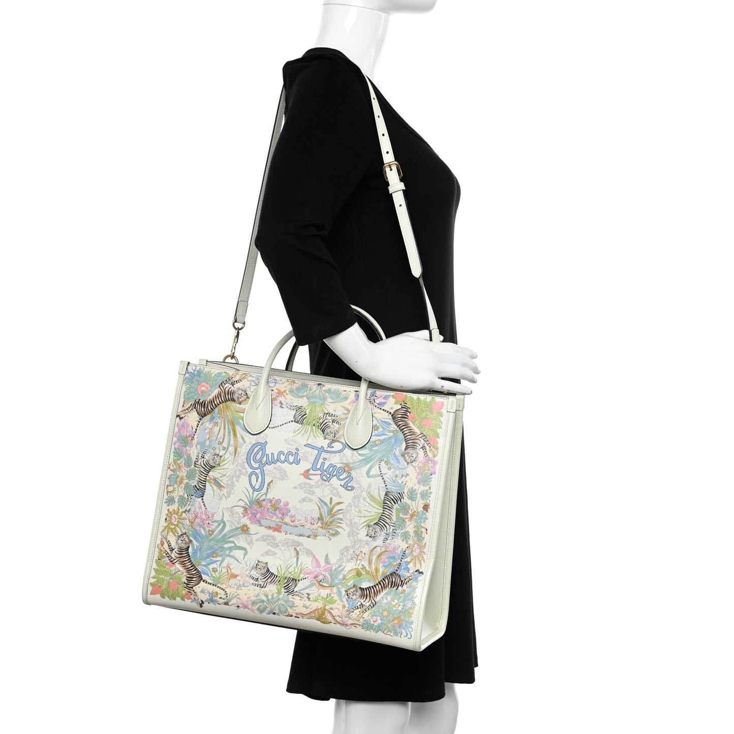 New Shangai Calfskin Tiger Savanah Textured Calfskin Medium Tote Chalky White Multicolor