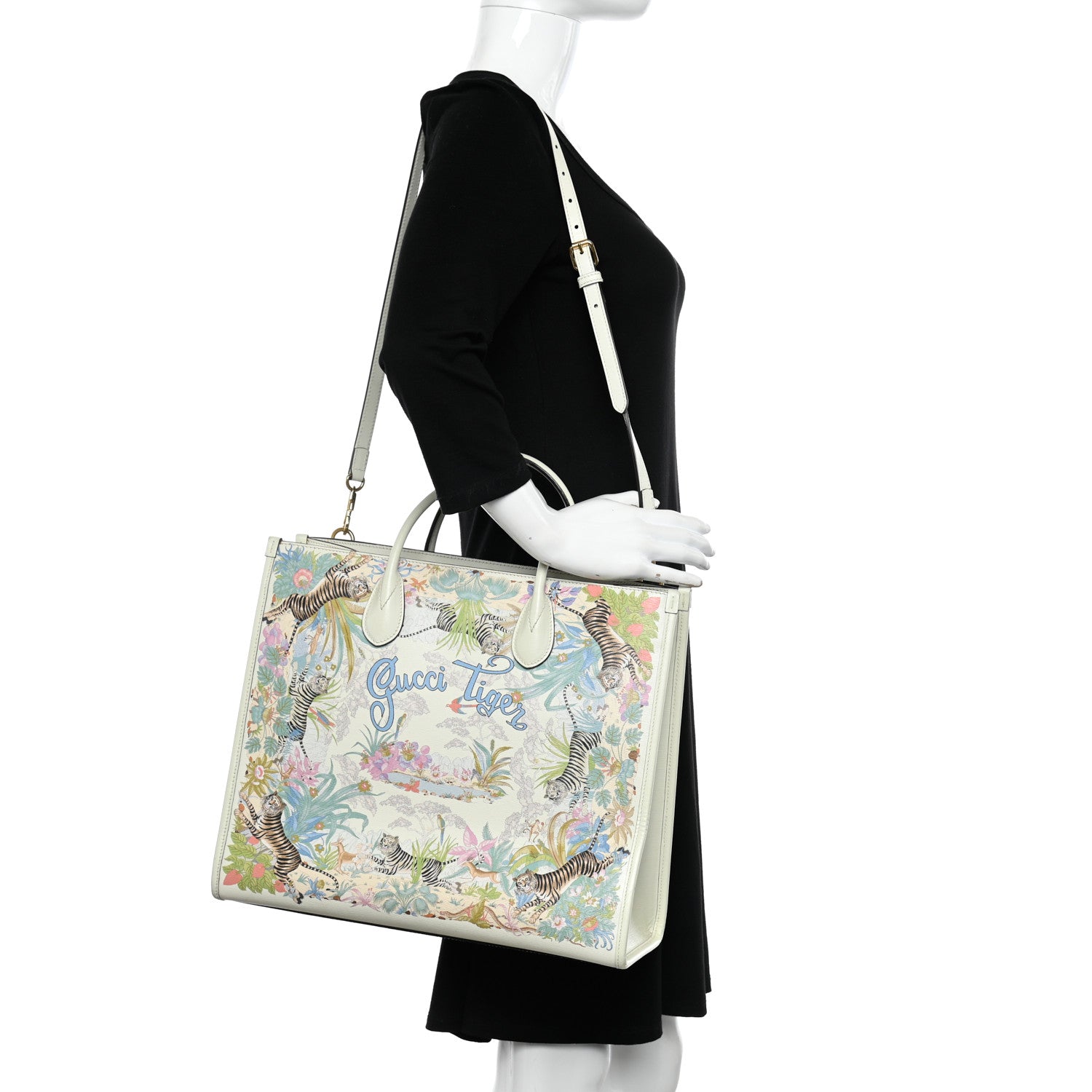 Gucci New Shangai Calfskin Tiger Savanah Textured Calfskin Medium Tote Chalky White Multicolor 2 of 20
