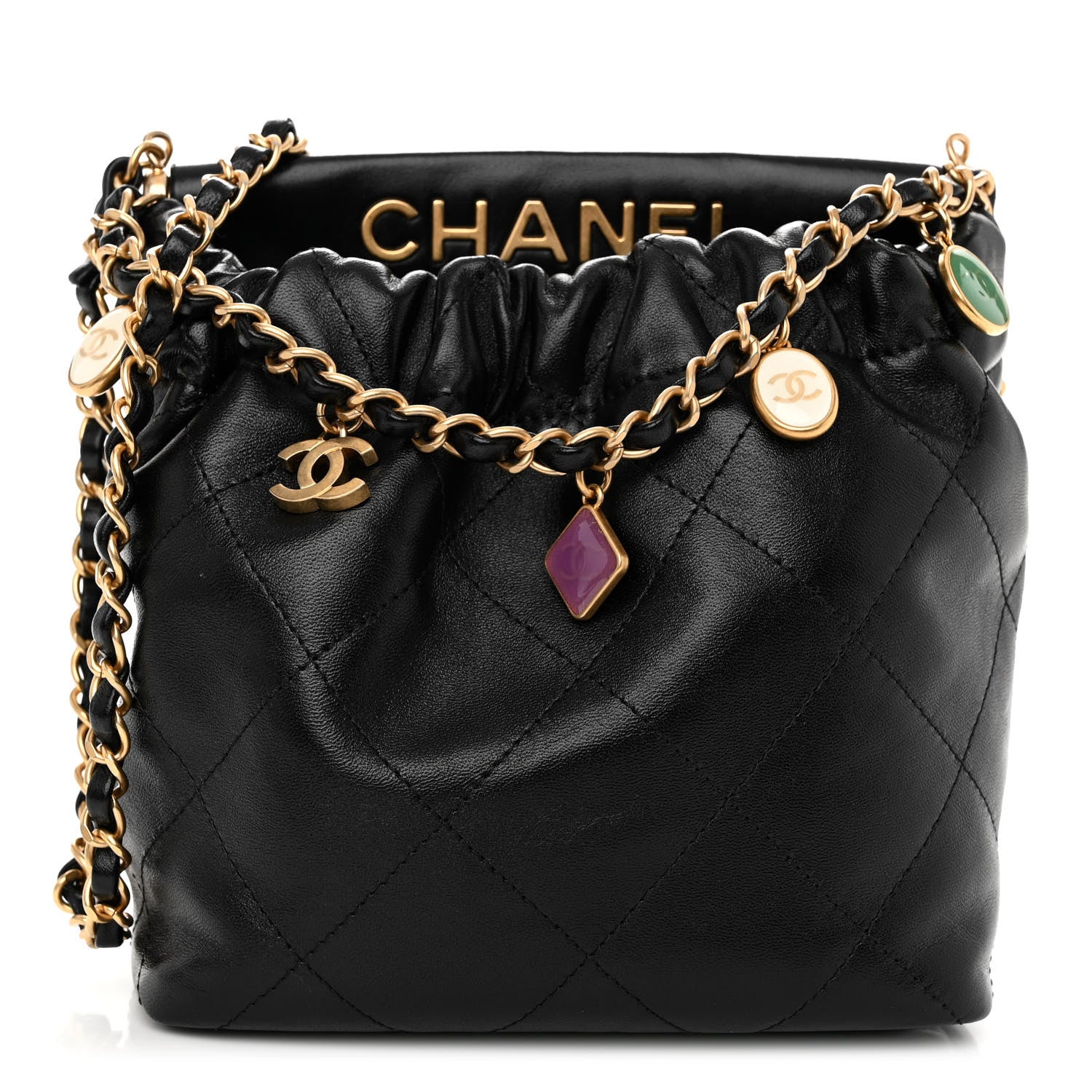 Chanel Lambskin Resin Quilted Small Bucket Bag Black 1374535