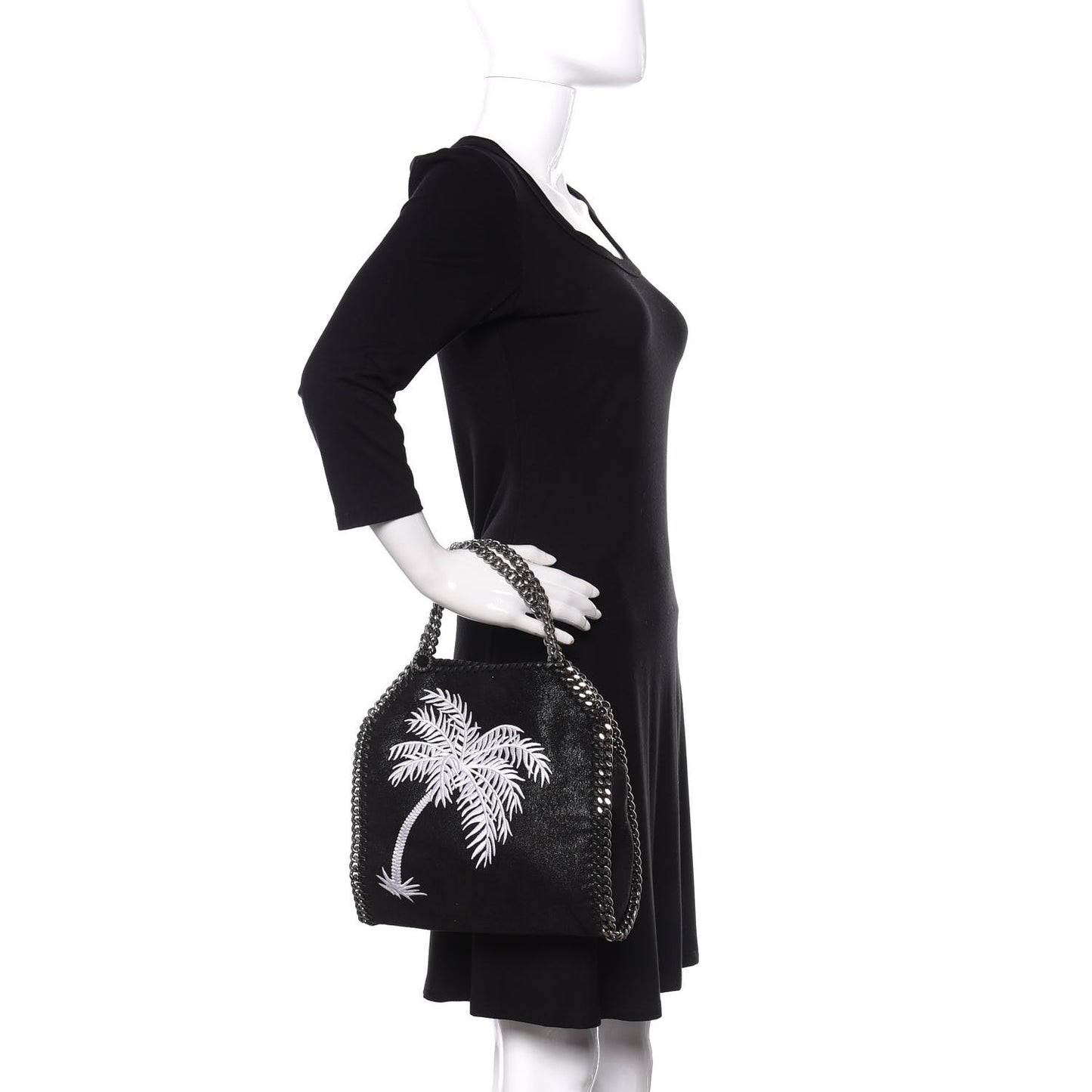Shaggy Deer Embroidered Palm Tree Mini Falabella Tote Black