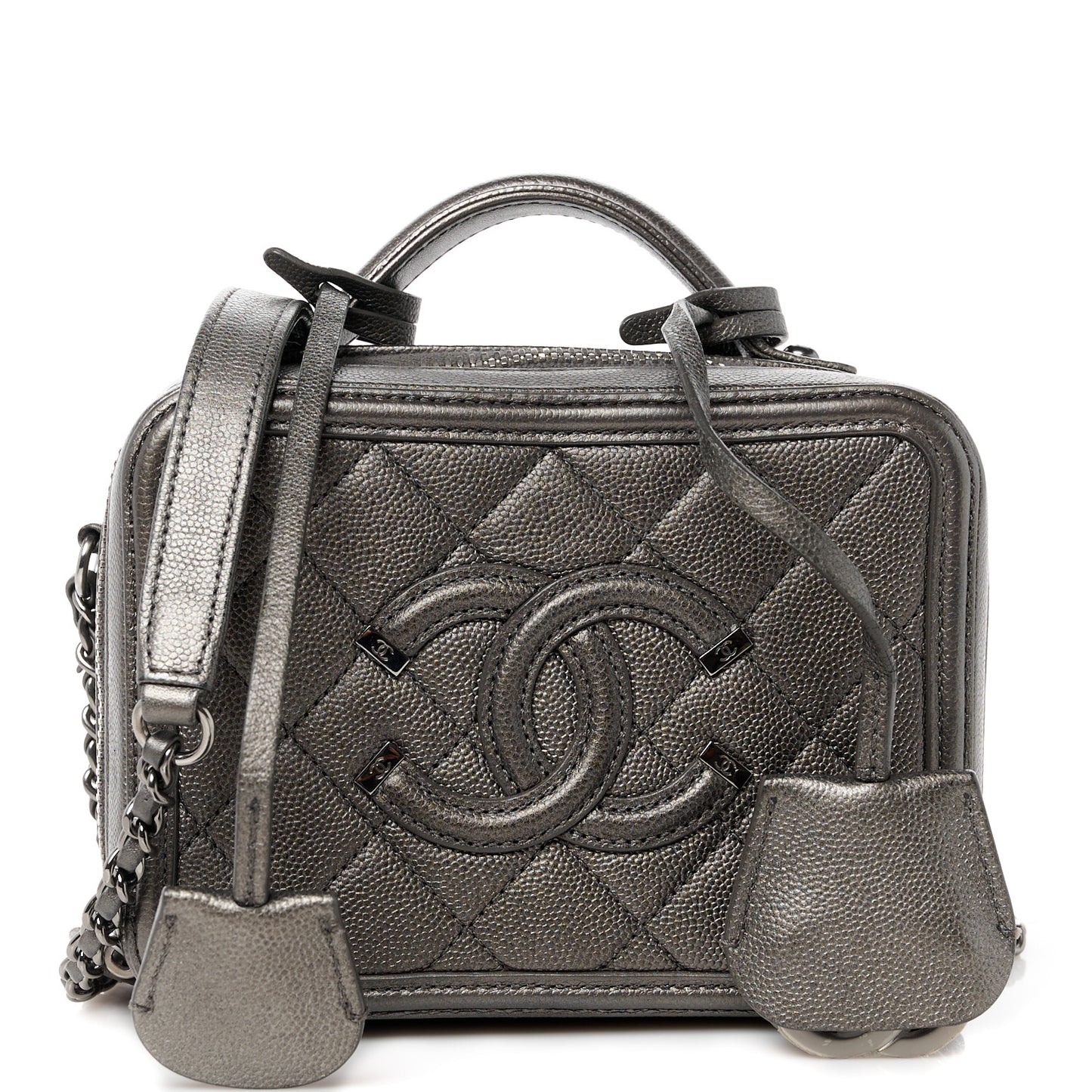 Metallic Caviar Quilted Small CC Filigree Vanity Case Dark Silver