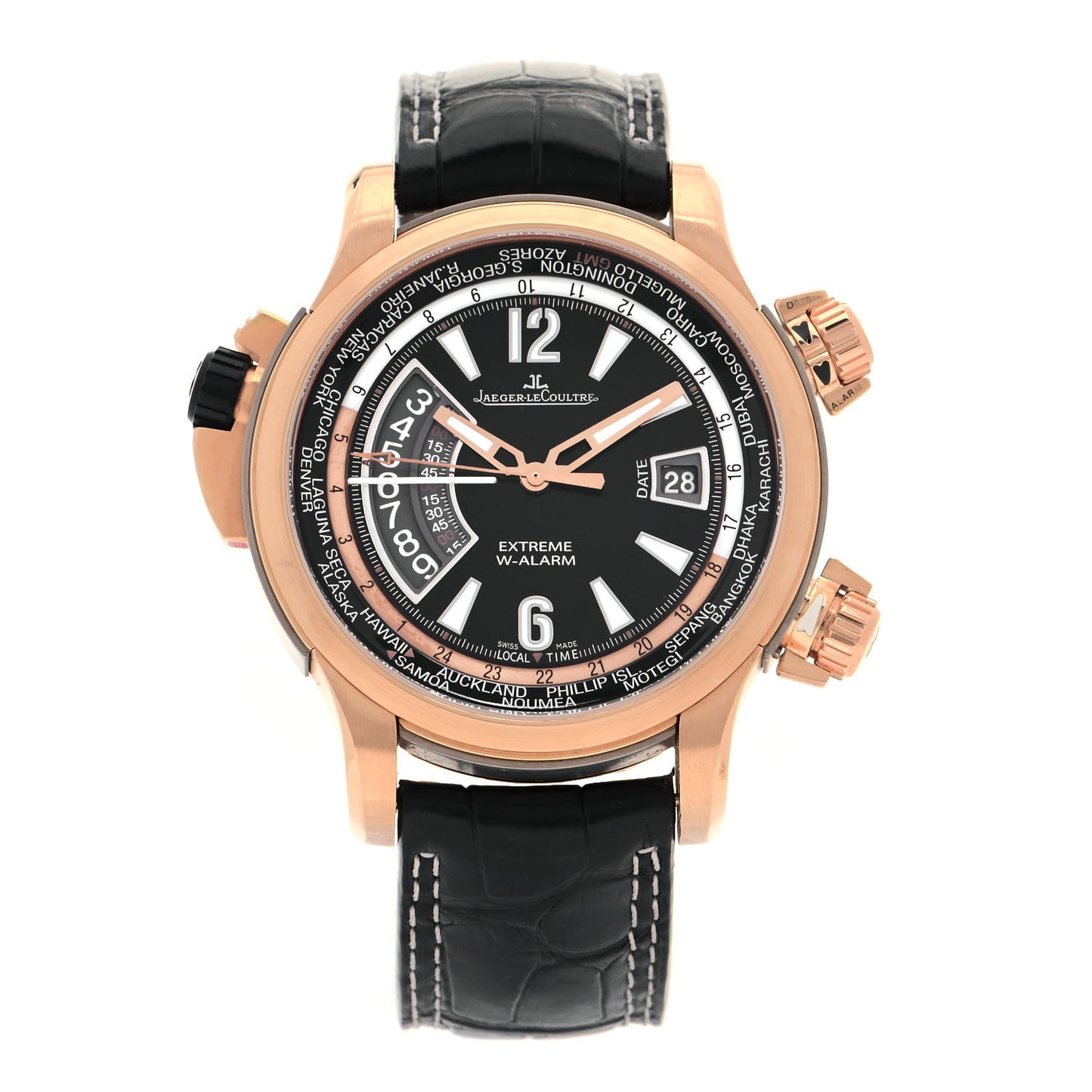 18K Rose Gold Alligator 46mm Master Compressor Extreme W-Alarm Automatic Watch Black Q177244V