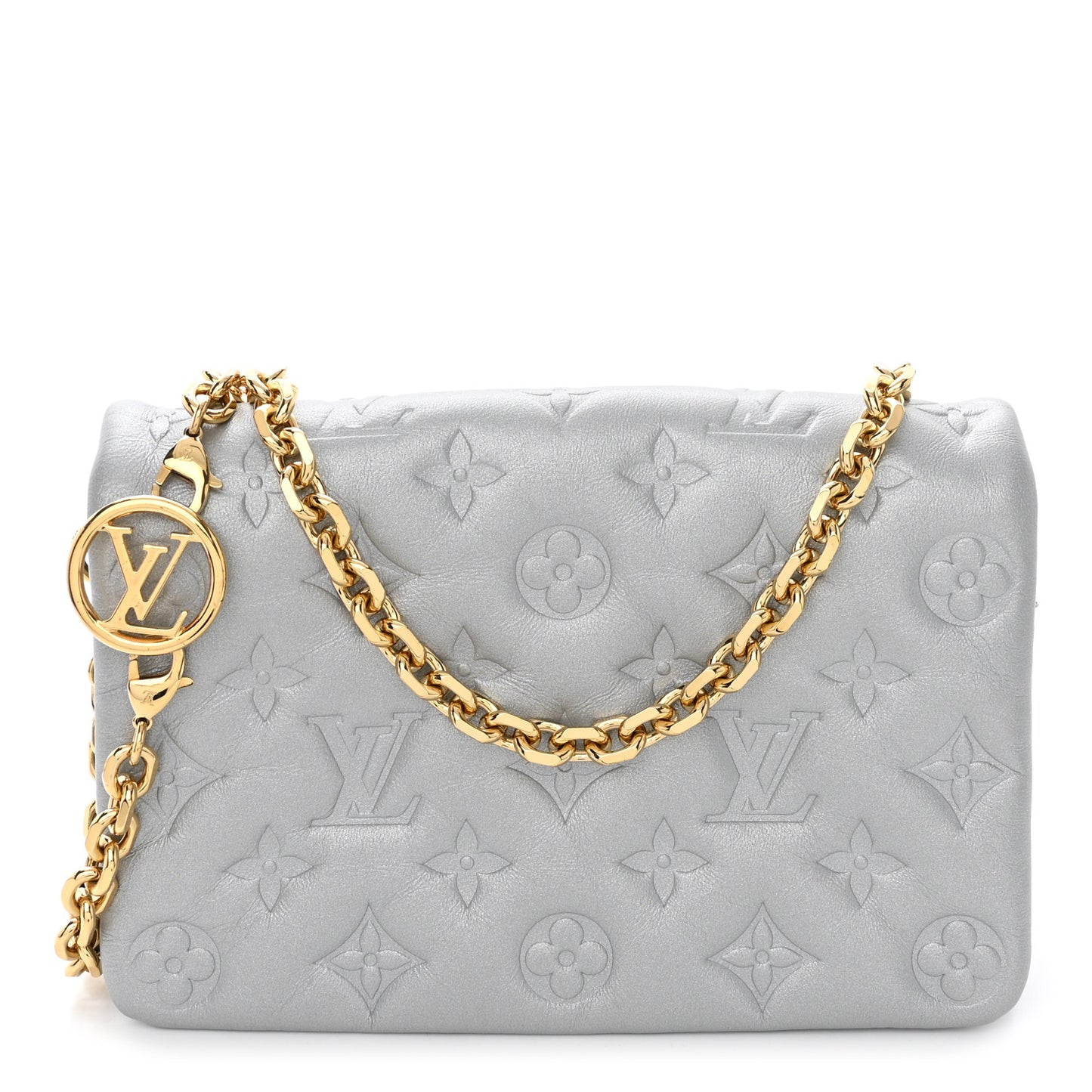 Metallic Lambskin Embossed Monogram Pochette Coussin Silver