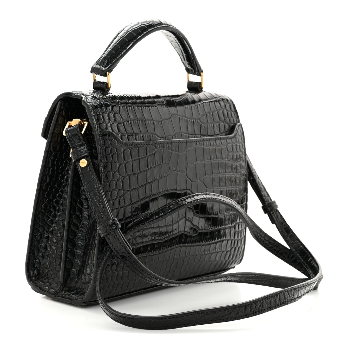Calfskin Crocodile Embossed Mini Classic Monogram Cassandra Top Handle Black