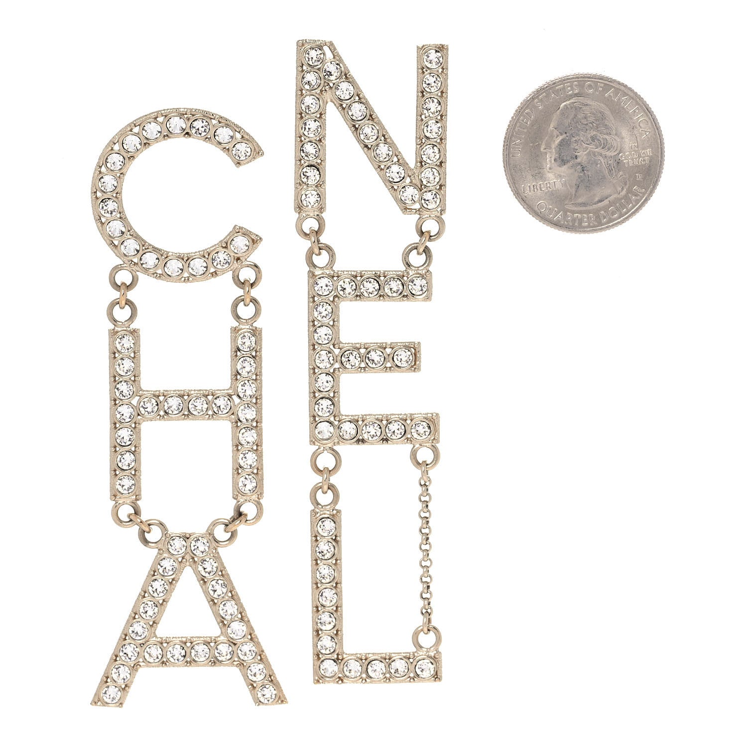 Chanel Crystal Cha-Nel Logo Drop Earrings Gold 2 of 4