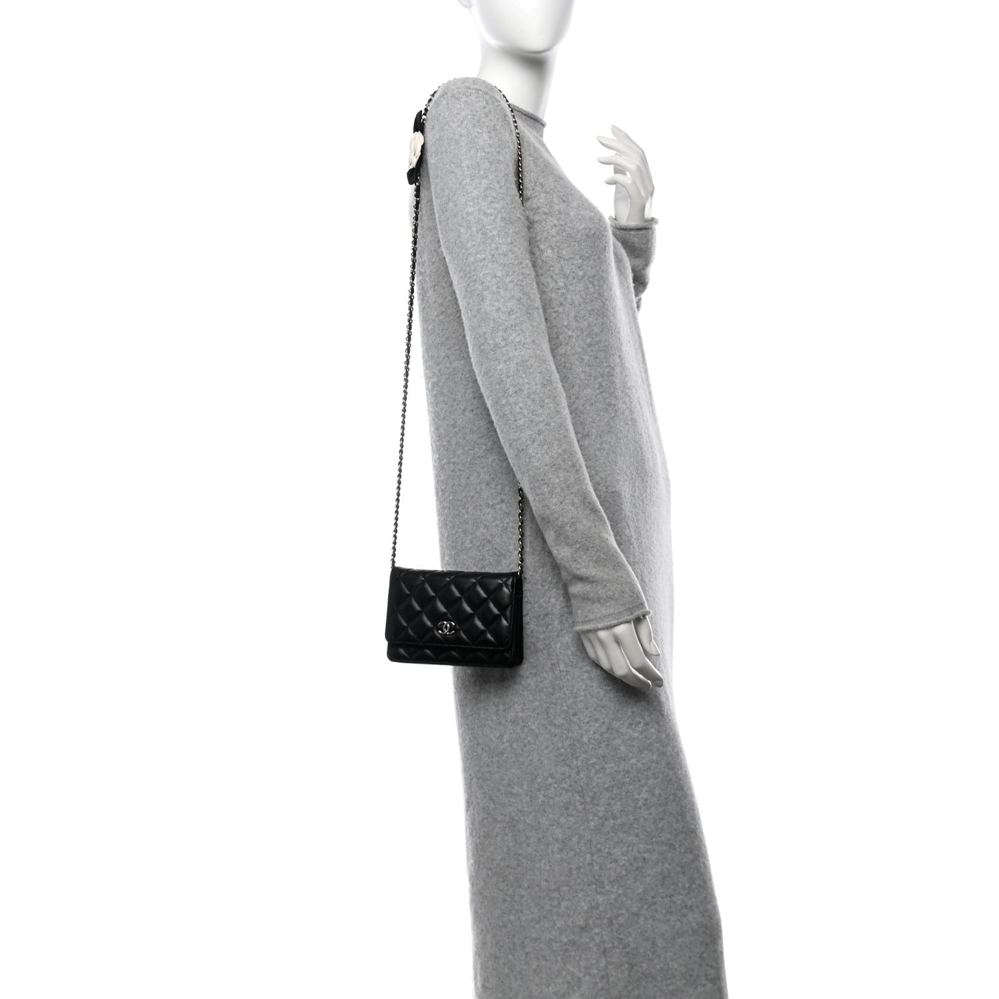 Lambskin Quilted Mini Camellia Bow Wallet On Chain WOC Black