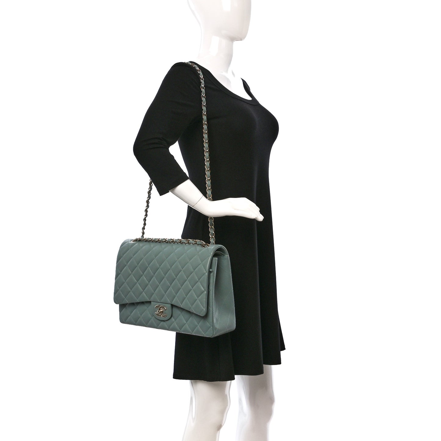 Caviar Quilted Maxi Double Flap Dark Green