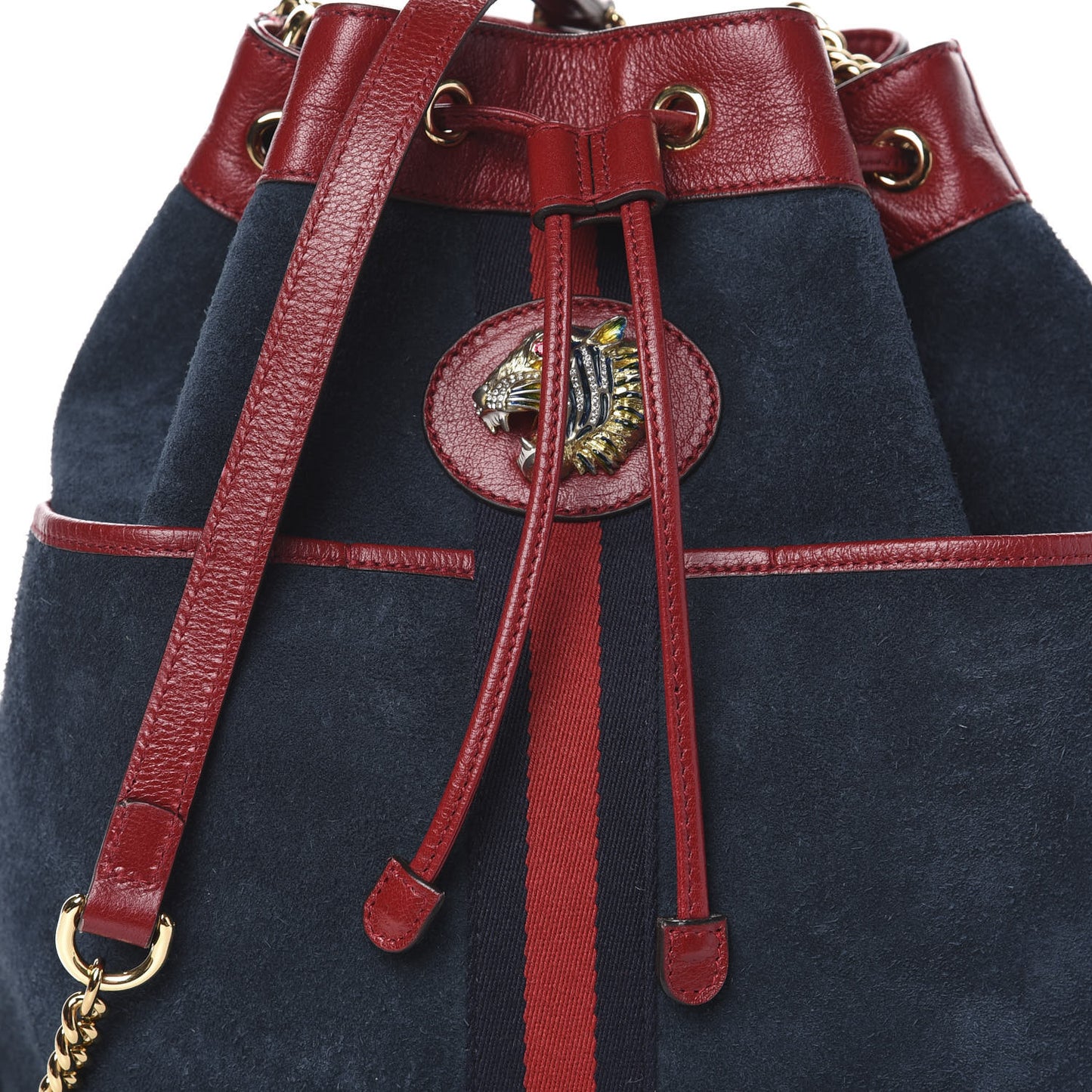 Suede Calfskin Web Medium Rajah Bucket Bag New Blue Romantic Cherry