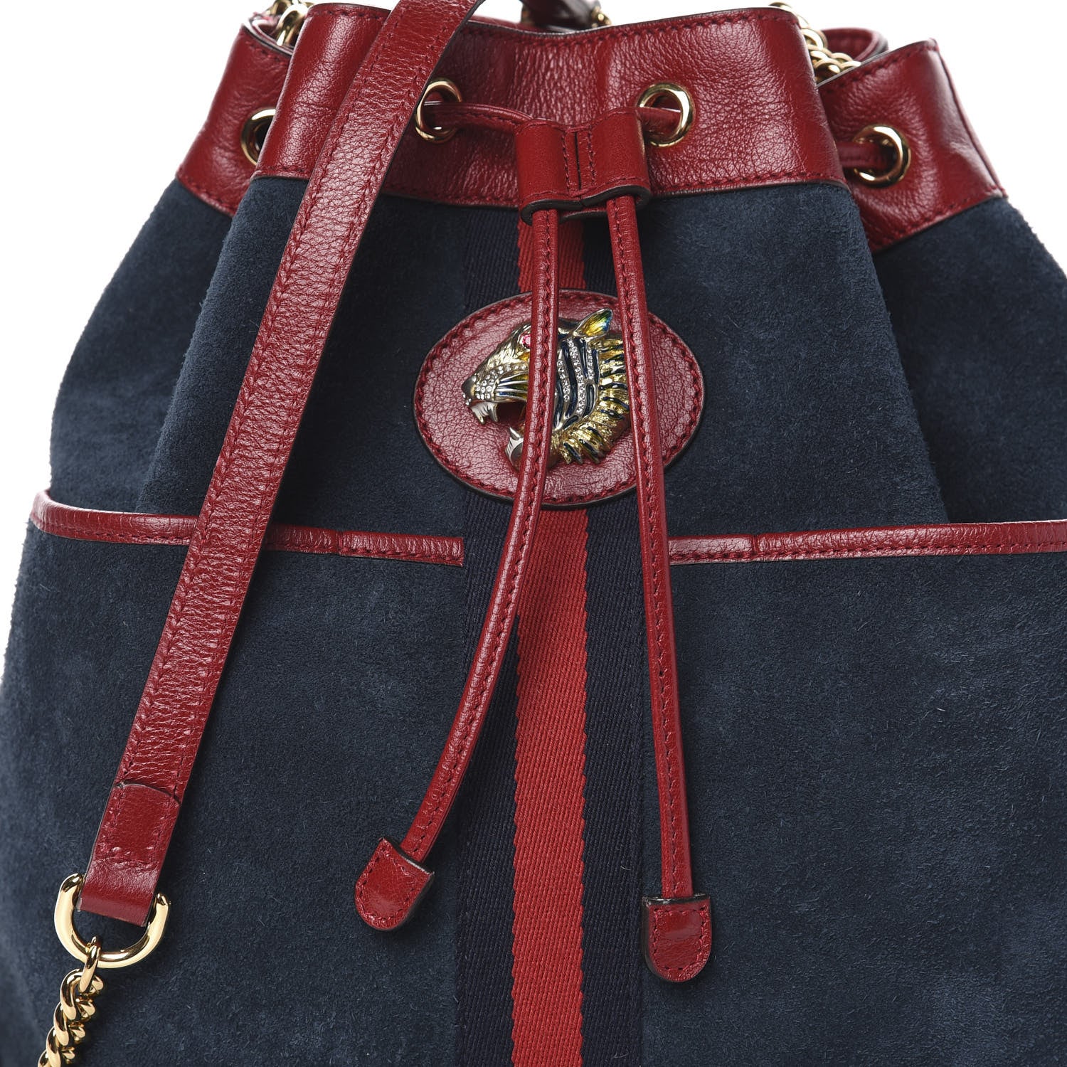 Gucci Suede Calfskin Web Medium Rajah Bucket Bag New Blue Romantic Cherry 10 of 10