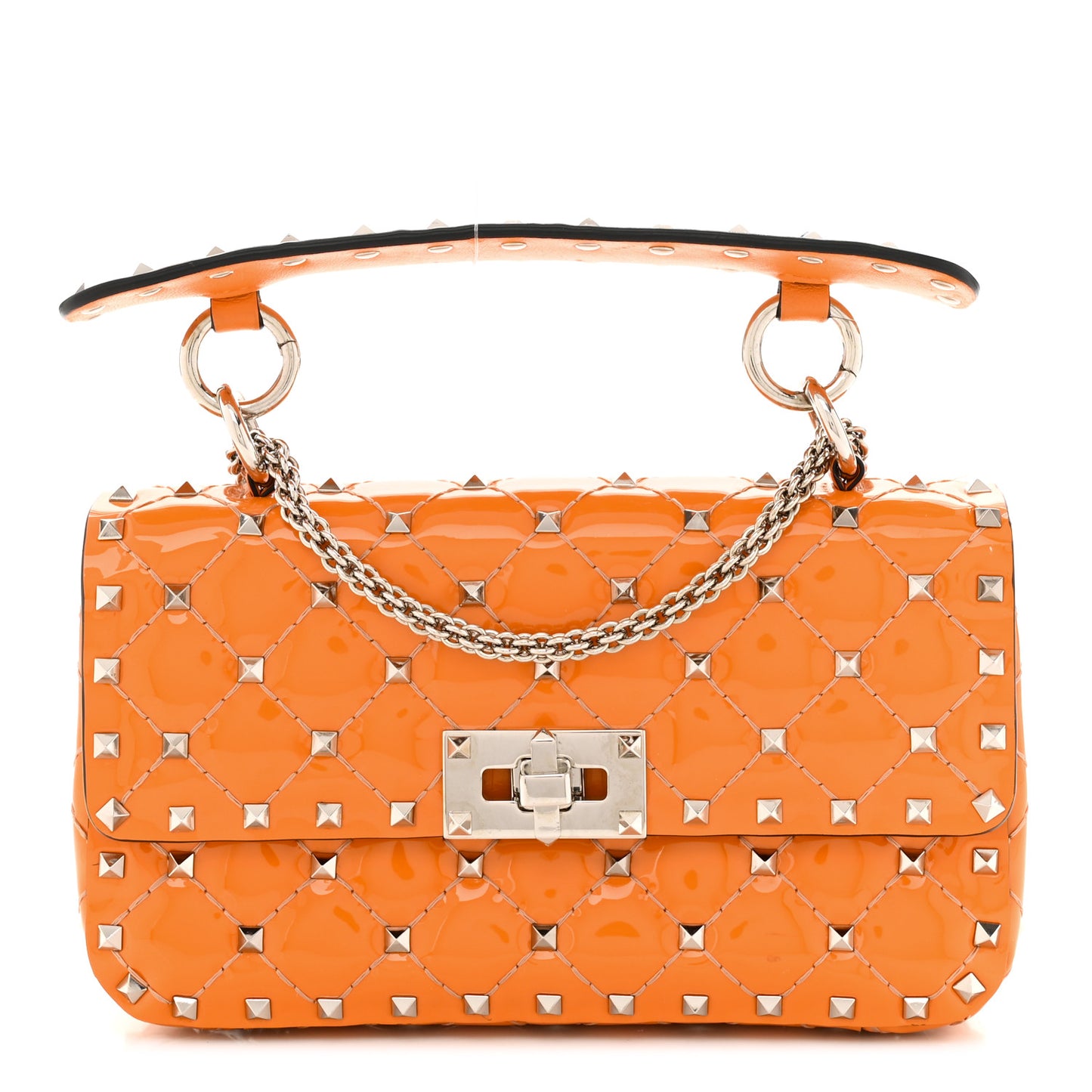 Patent Small Rockstud Spike Shoulder Bag Orange