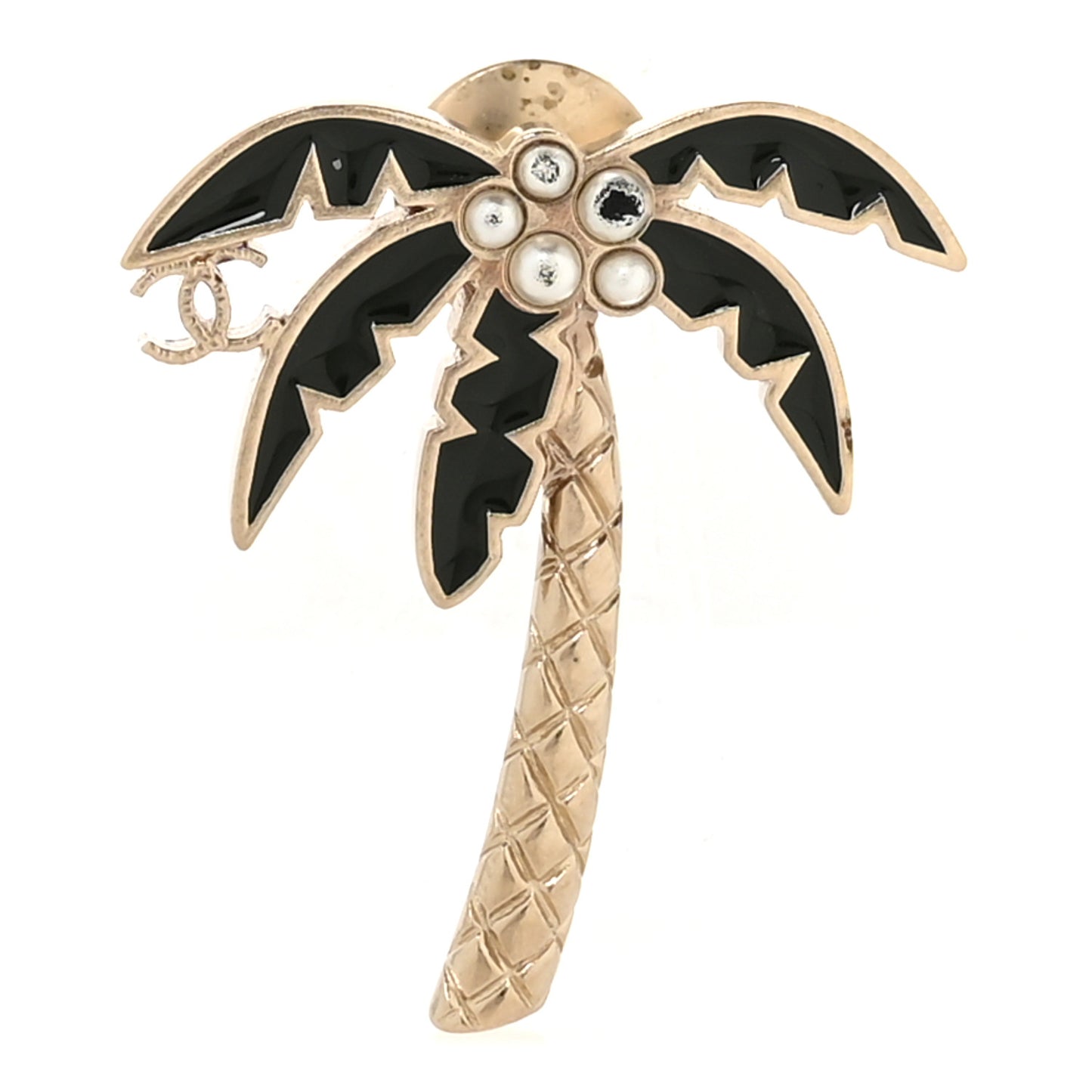 Enamel Pearl Palm Tree Brooch Green Gold