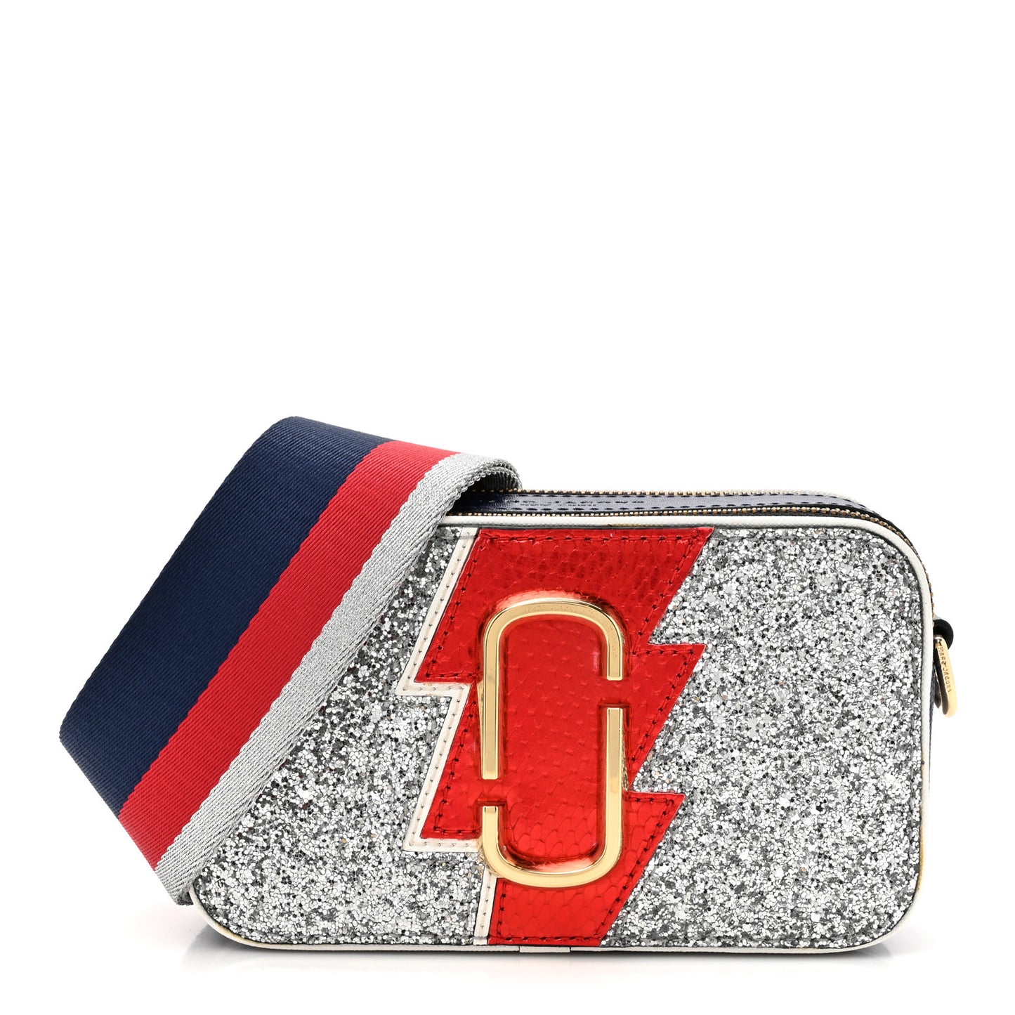 Glitter Calfskin Snake Embossed Snapshot Camera Bag Navy Silver Red