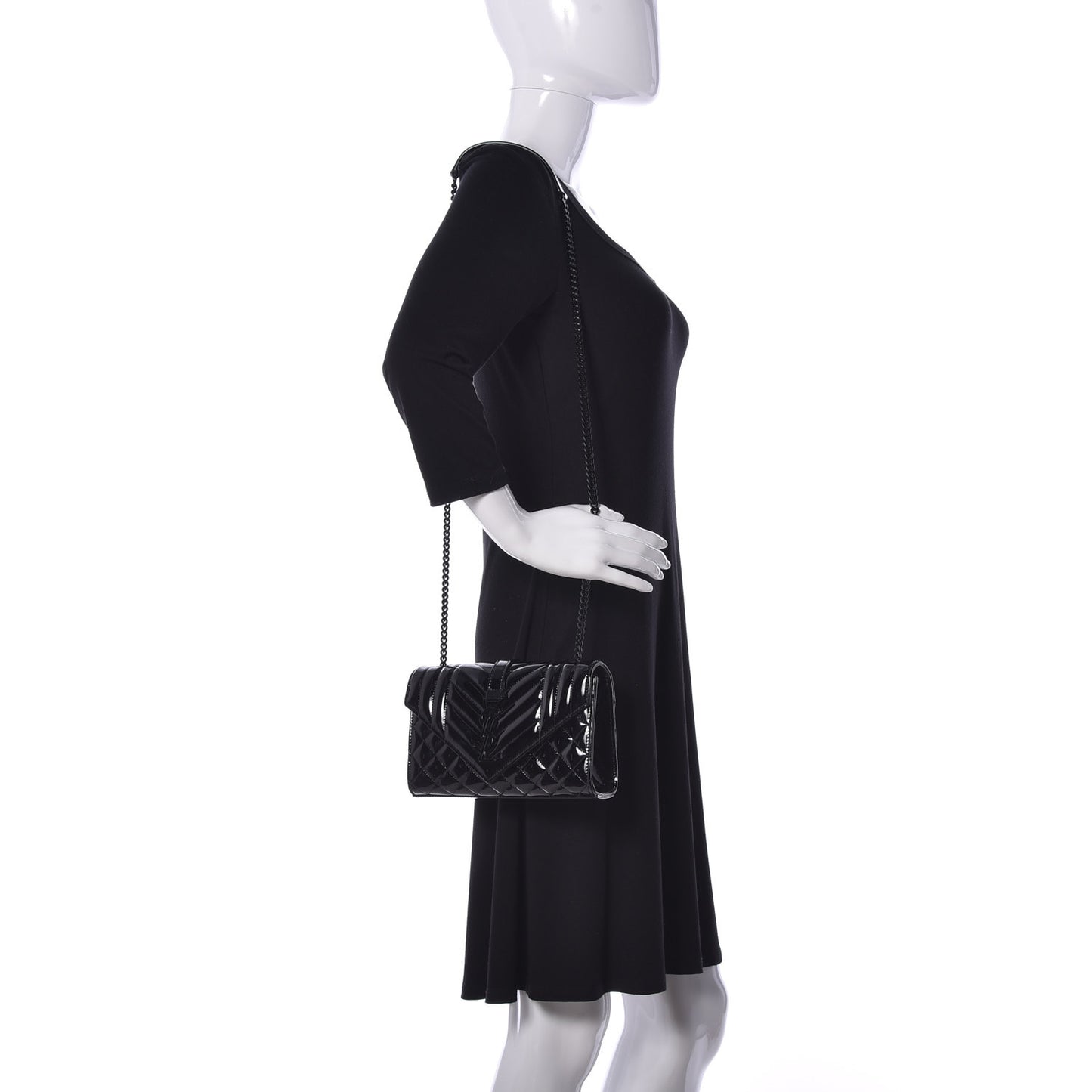 Patent Mixed Matelasse Triquilt Small Monogram Satchel Black