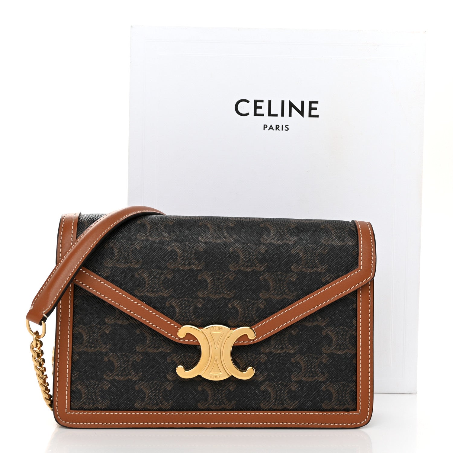 Celine Triomphe Canvas Calfskin Margo Wallet on Chain Tan 11 of 11