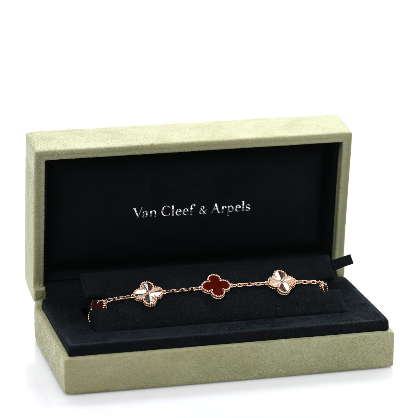 18K Rose Gold Carnelian 5 Motifs Guilloche Vintage Alhambra Bracelet