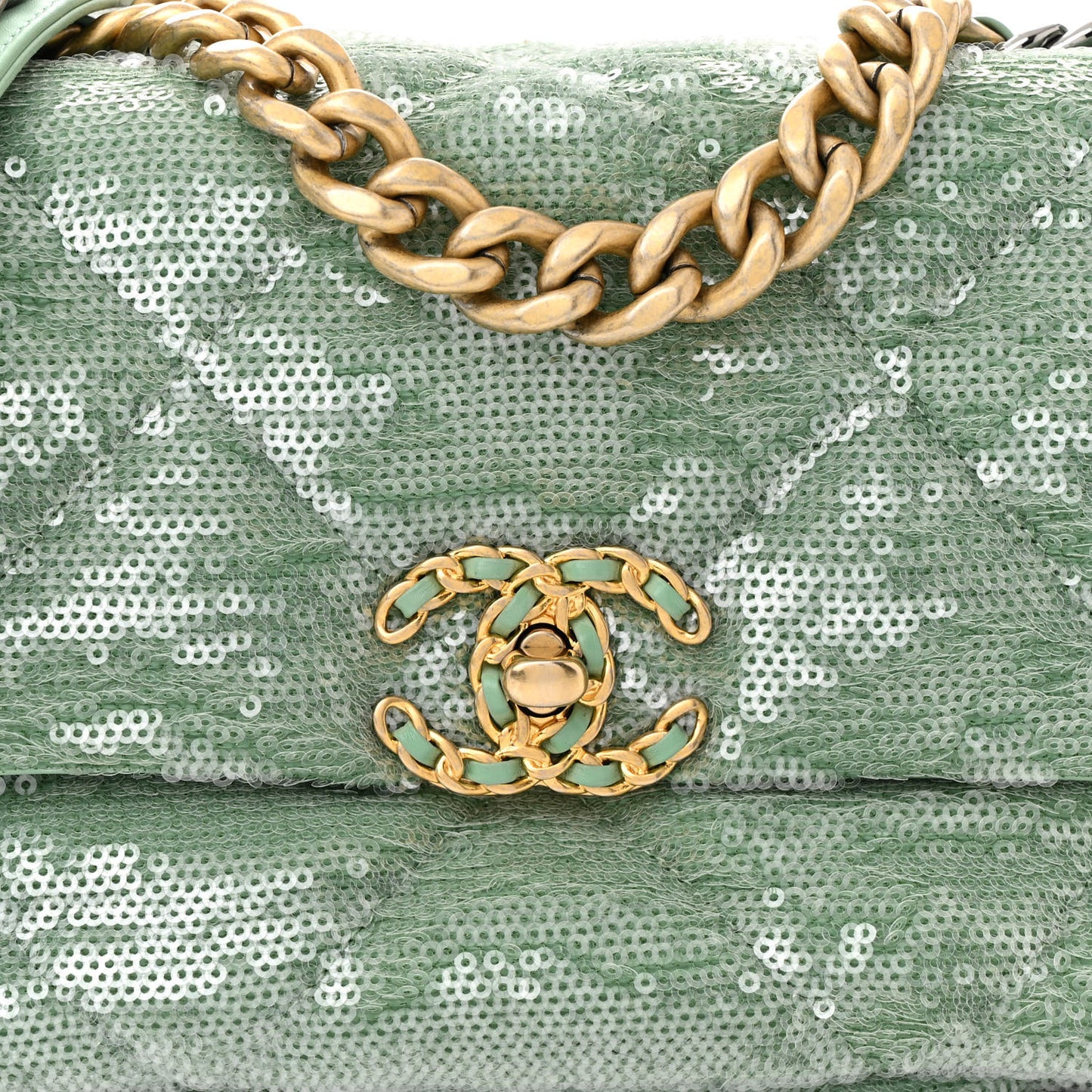 Sequin Quilted Medium Chanel 19 Flap Light Green