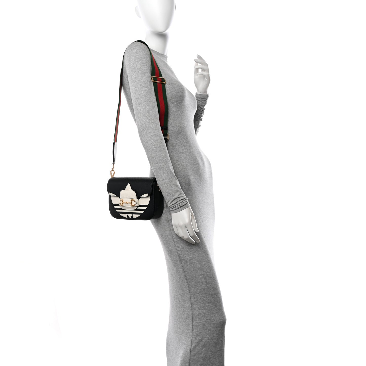X ADIDAS Textured Dollar Calfskin Web Trefoil Mini Horsebit 1955 Shoulder Bag Black Off White