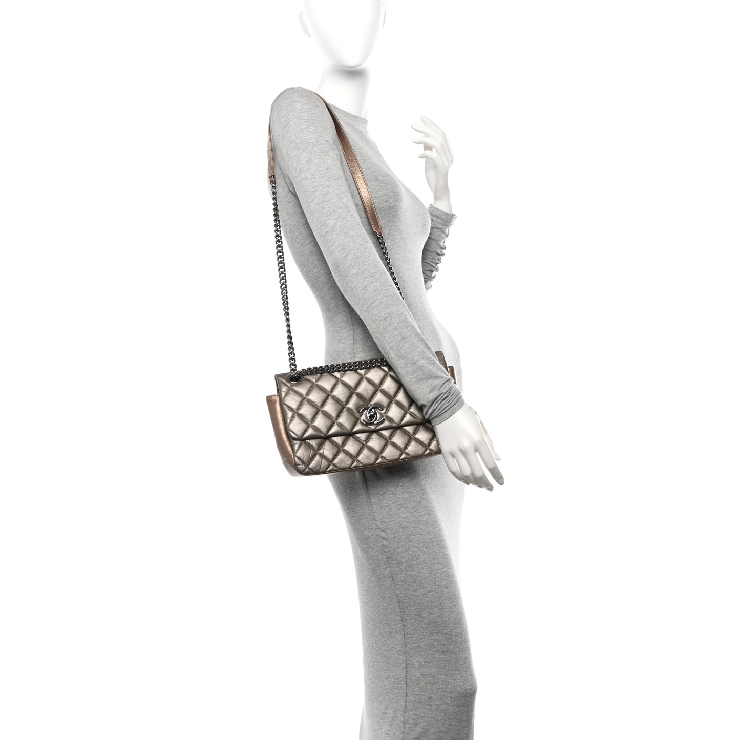 Aged Calfskin Quilted Small Lady Pearly Flap Silver Gold