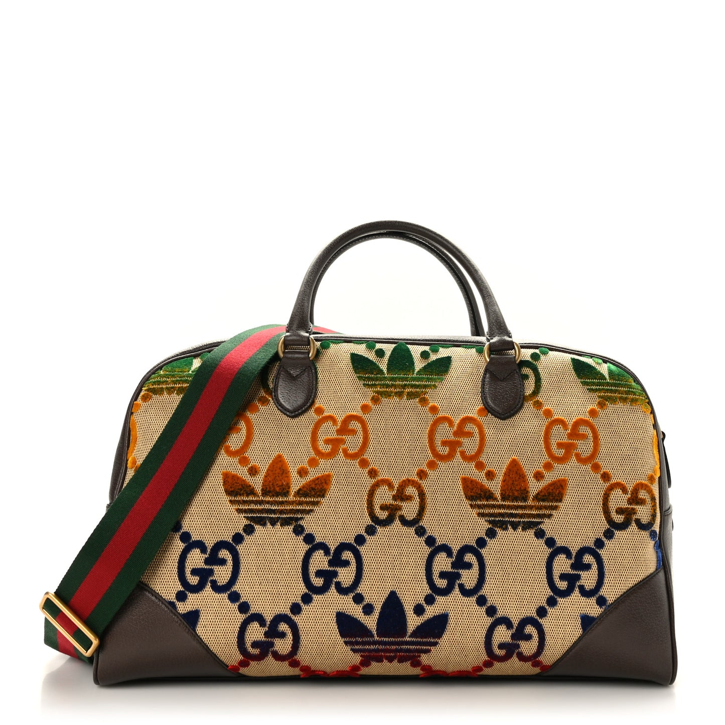 X ADIDAS Canvas Textured Dollar Calfskin Web GG Monogram Trefoil Large Bowling Bag Beige Brown Multicolor