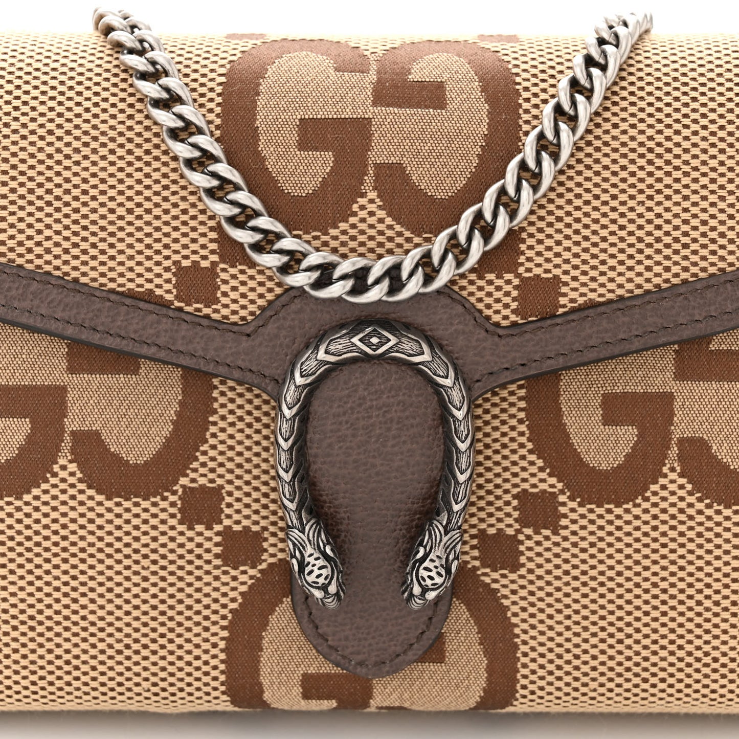 Monogram Jumbo GG Textured Dollar Calfskin Mini Dionysus Chain Wallet Camel Ebony New Acero