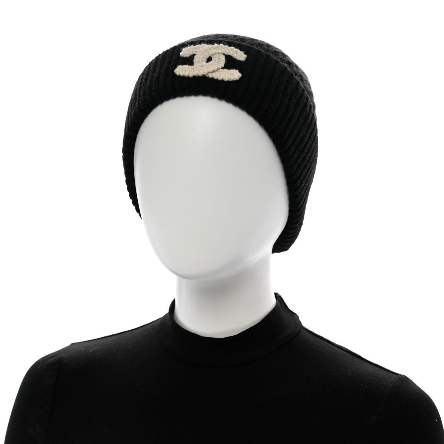 Wool Cashmere CC Beanie Hat Black White
