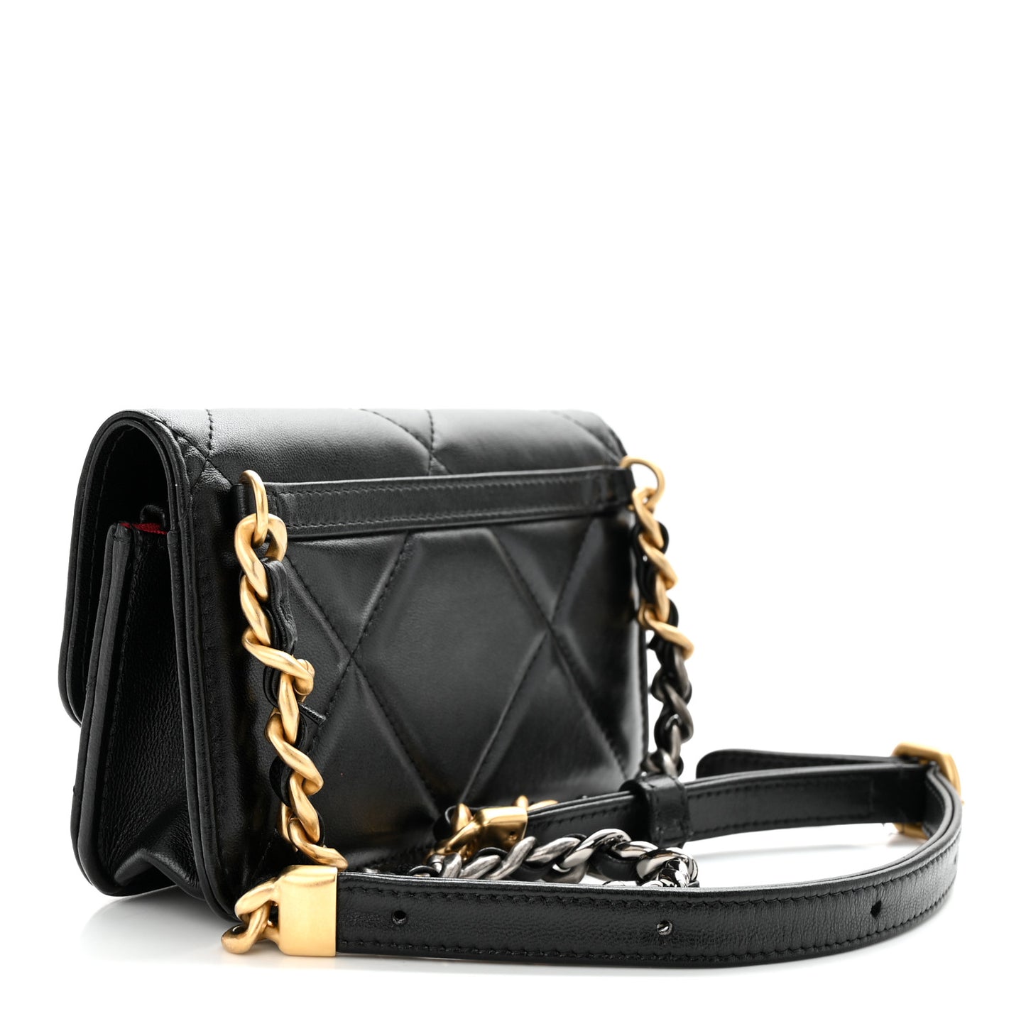 Lambskin Quilted Chanel 19 Belt Phone Holder Bag Black