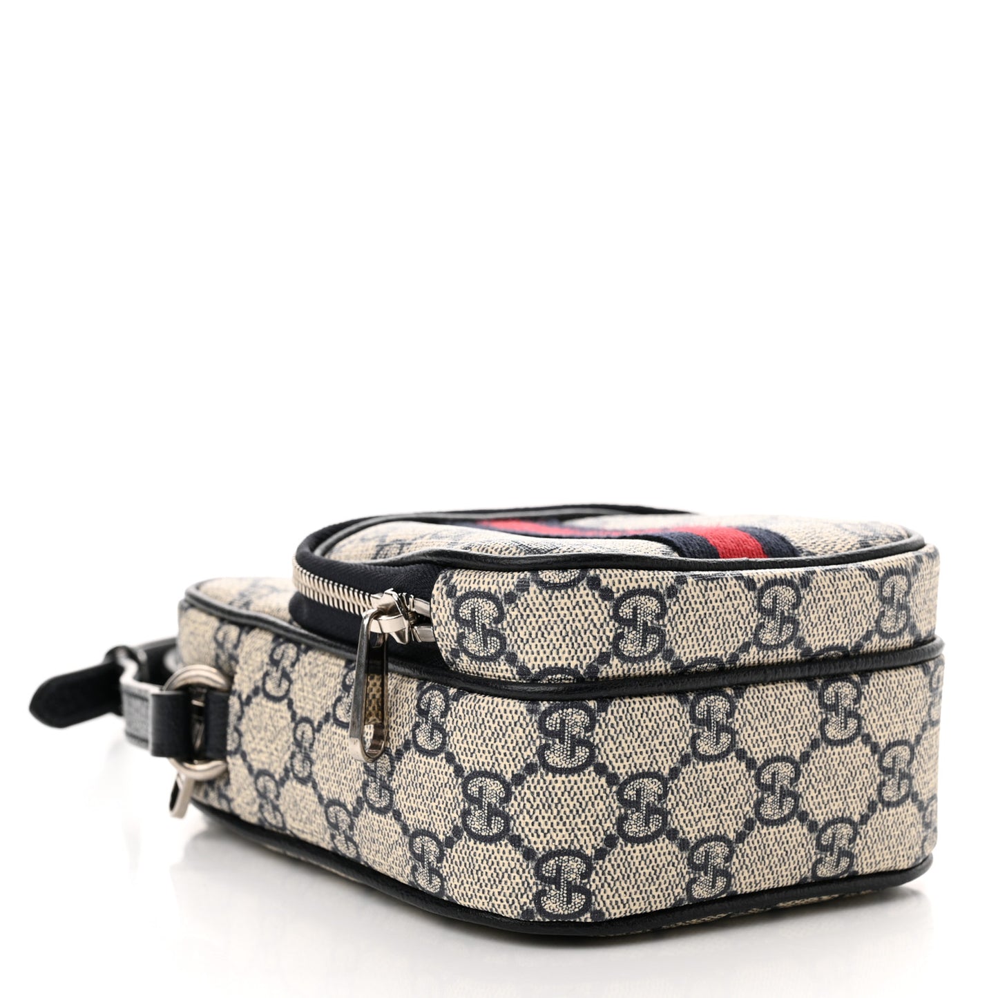 GG Supreme Monogram Textured Dollar Calfskin Web Mini Ophidia Double Zip Messenger Bag Beige Blue