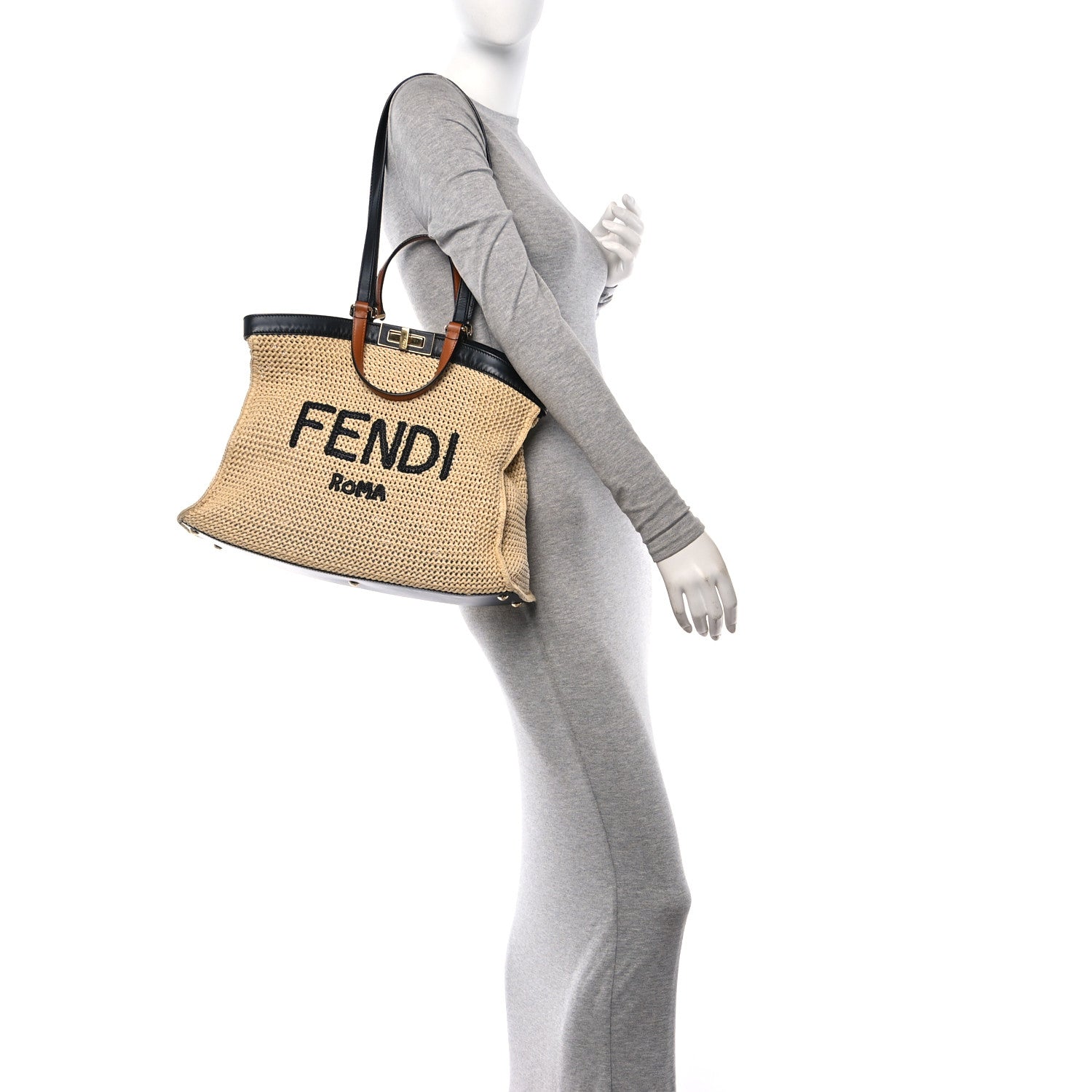 Fendi Raffia Vitello King Macrame Mesh Medium Peekaboo X-Tote Natural Black Cuoio 2 of 13