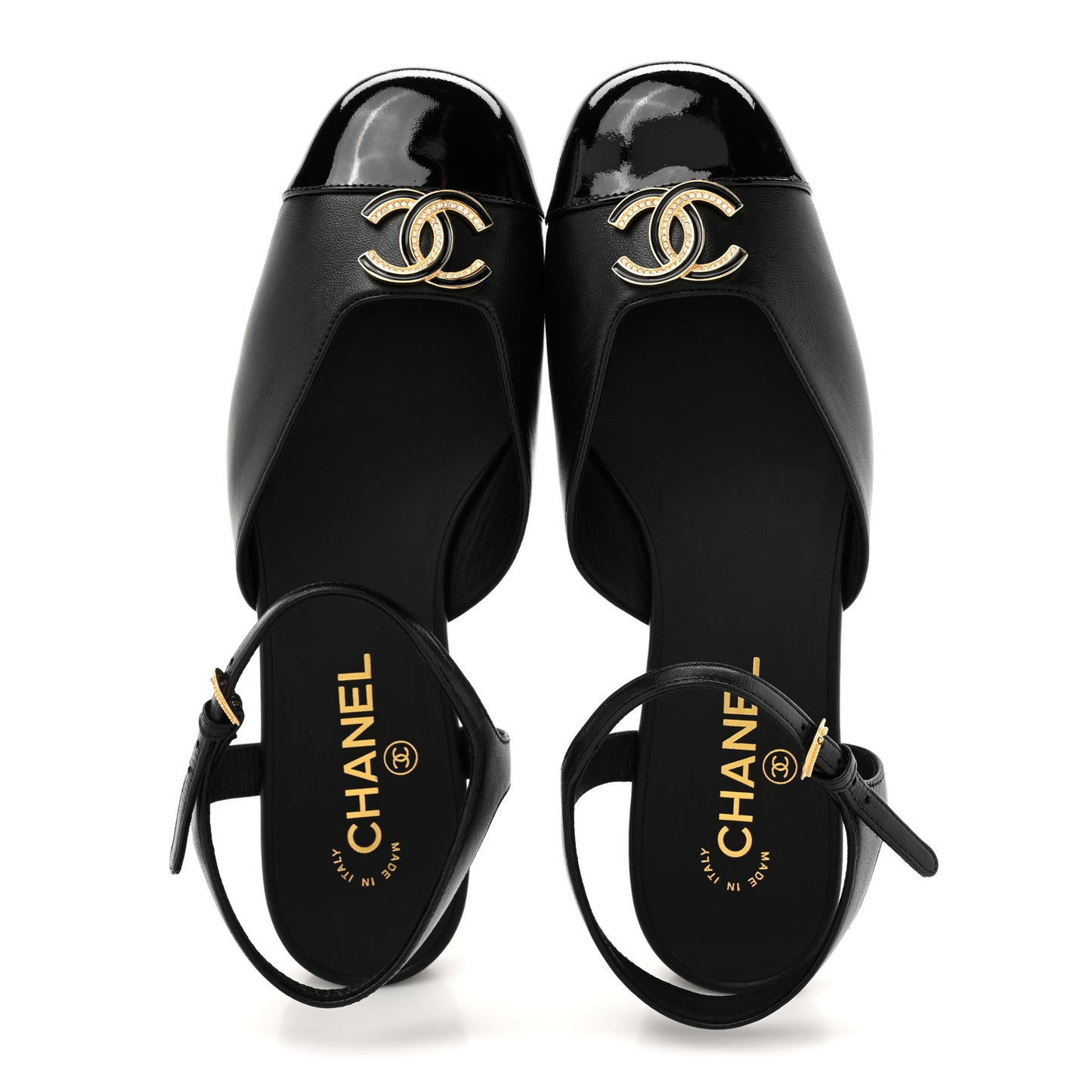 Lambskin Patent Cap Toe Crystal Enamel CC Mary Jane Slingback Flats 39 Black