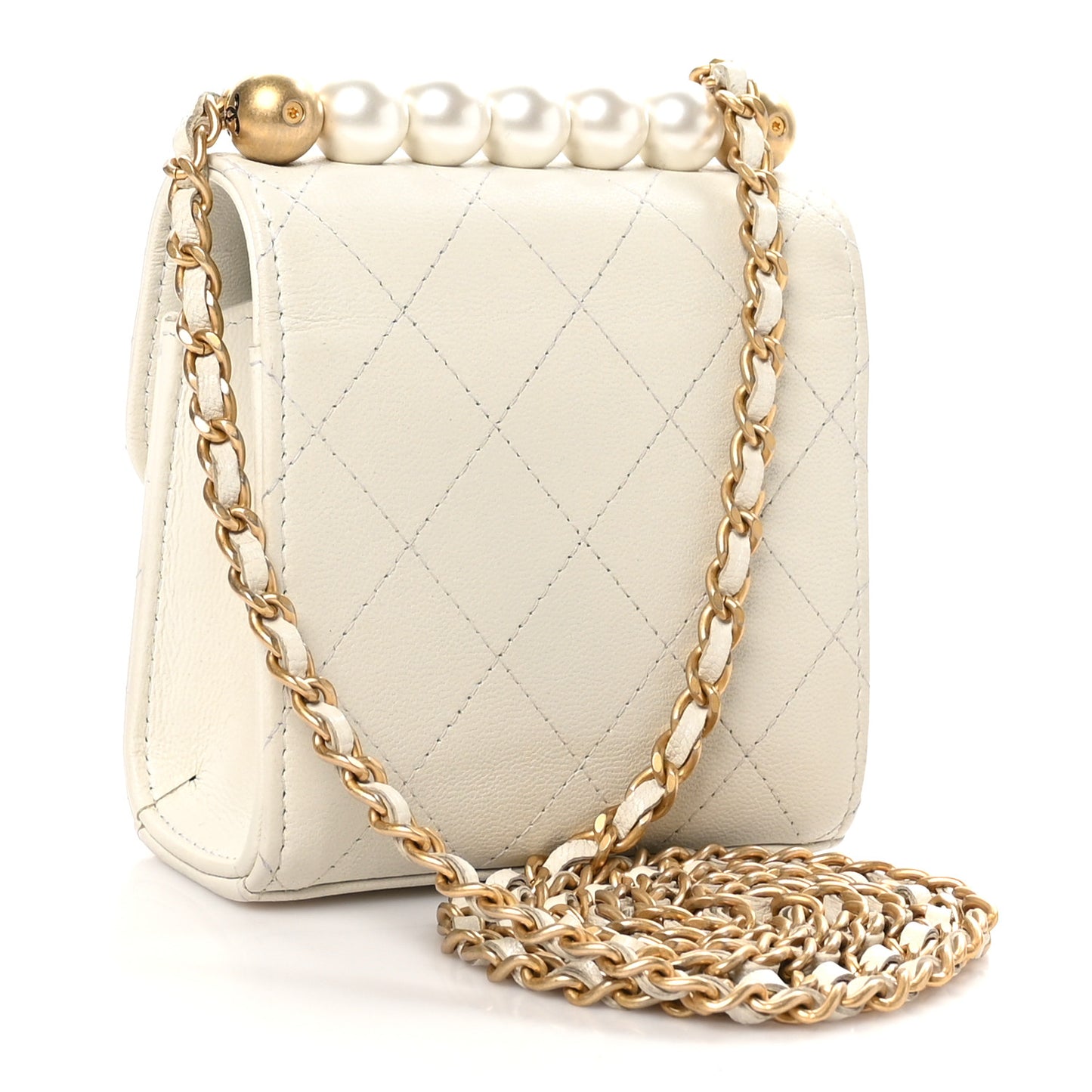 Goatskin Chic Pearls Clutch On Chain White