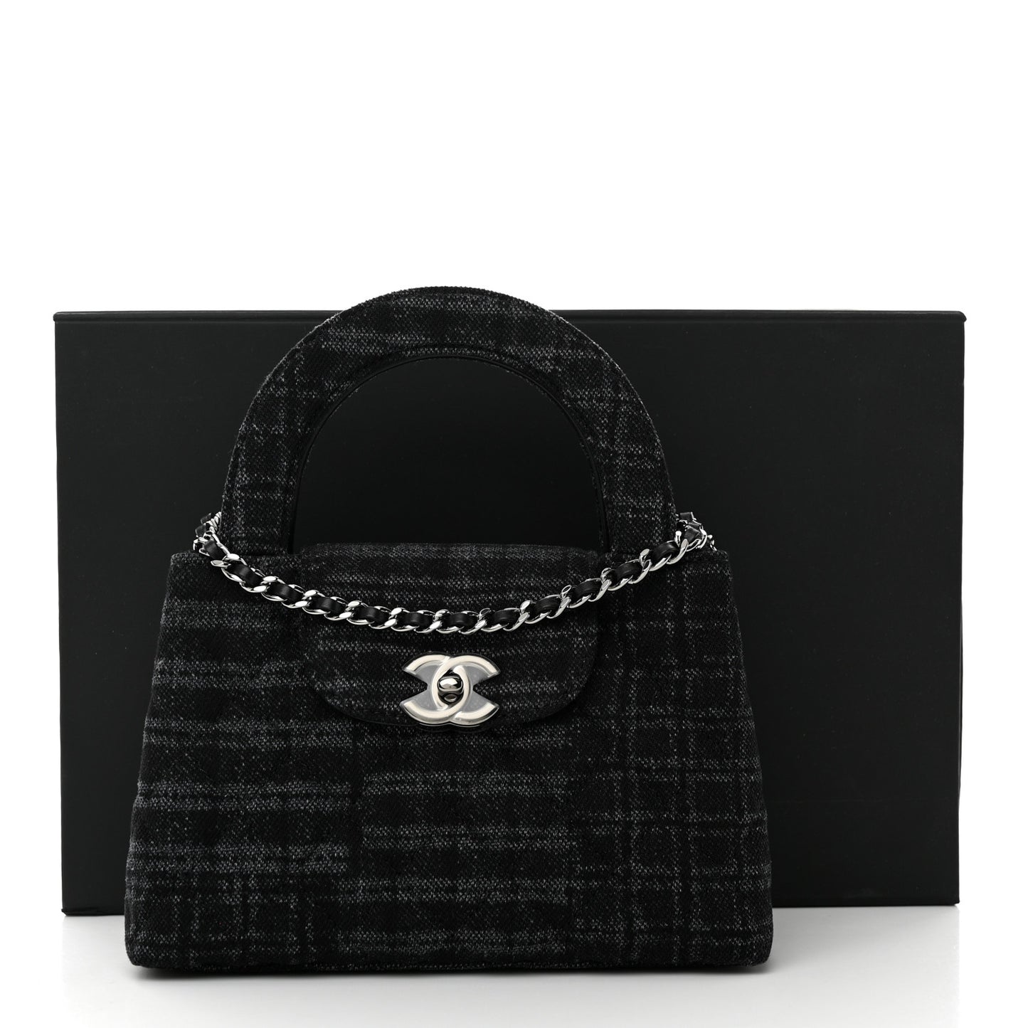 Printed Denim Quilted Nano Kelly Shopper Black Grey