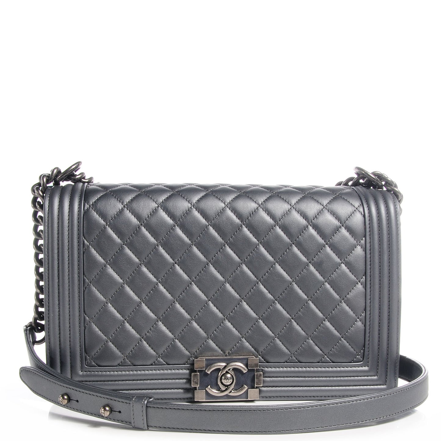 Metallic Calfskin Quilted Medium Boy Flap Dark Silver