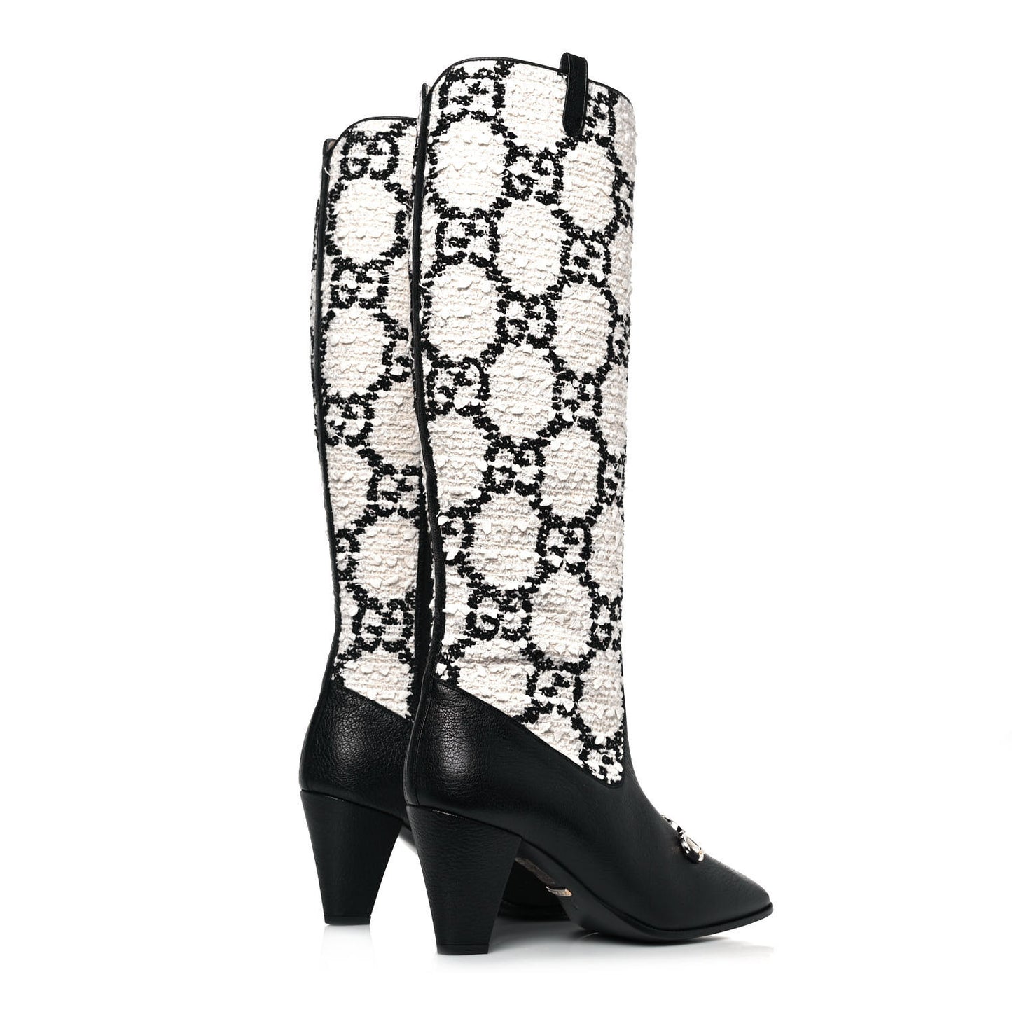Tweed GG Monogram Wrinkled Kid Zumi Knee Boots 38 Natural Black