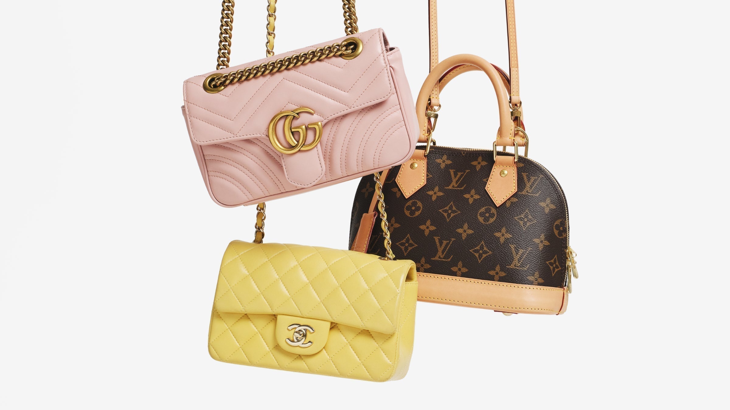 A Gucci Marmont, a Chanel Quilted Double Flap, and a Louis Vuitton Alma hanging from the top of the frame.