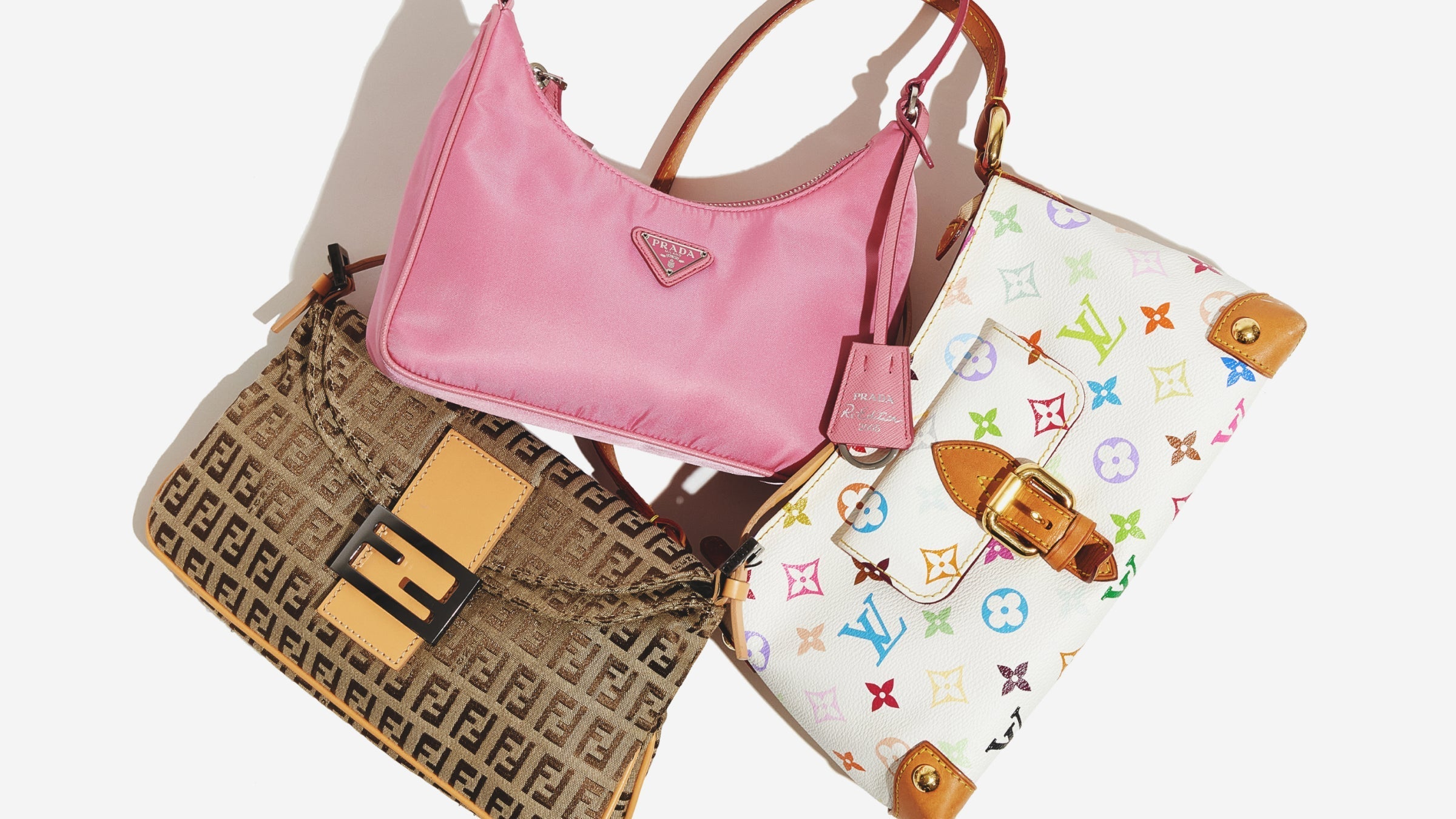 Prada Re-Edition 2005 Nylon Mini Bag, the Fendi Zucchino Mini Baguette Bag, and the Louis Vuitton x Takashi Murakami Eliza Bag
