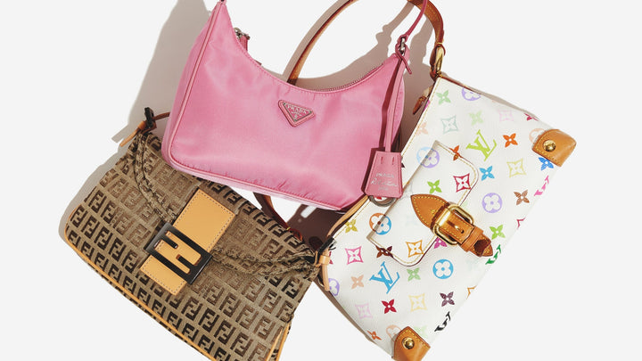 Prada Re-Edition 2005 Nylon Mini Bag, the Fendi Zucchino Mini Baguette Bag, and the Louis Vuitton x Takashi Murakami Eliza Bag