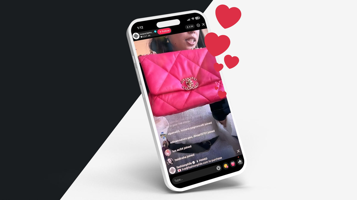 An iPhone against a black and white background showing a FASHIONPHILE LIVE Shopping Event