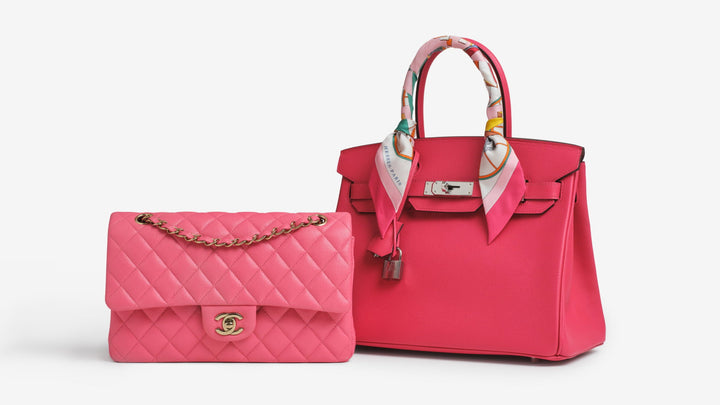 A hot pink Chanel Double Flap and Birkin bag
