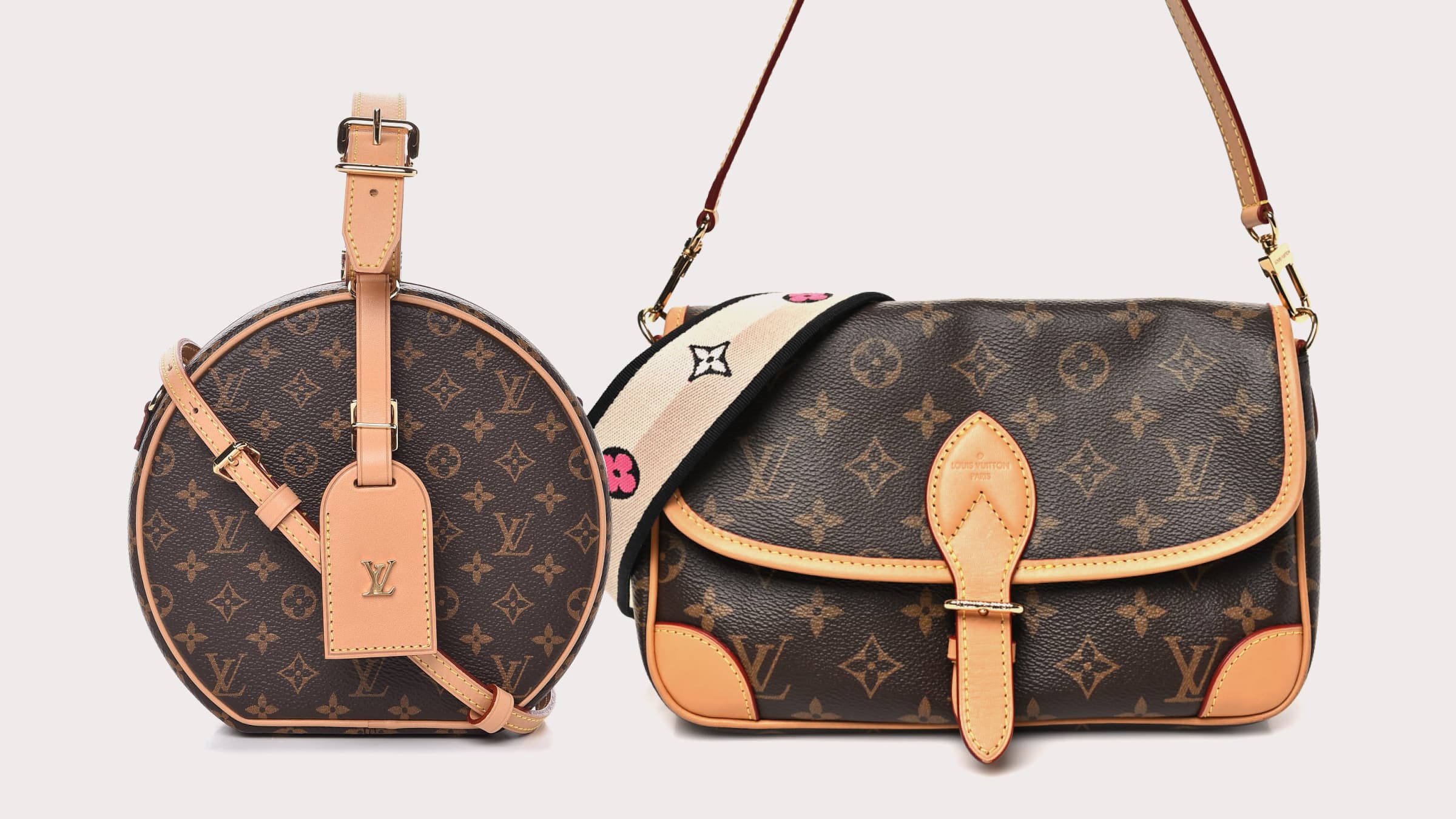 Two Louis Vuitton bags featuring pre-aged Vachetta sitting side by side