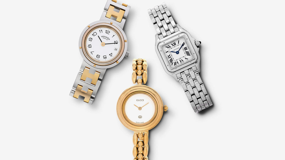 Hermes, Gucci, and Cartier watches with metal bands