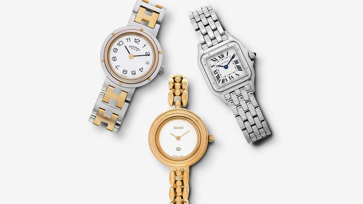 Hermes, Gucci, and Cartier watches with metal bands