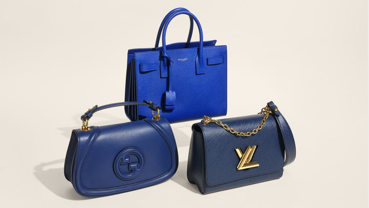 Blue leather bags from Saint Laurent, Gucci, and LV.