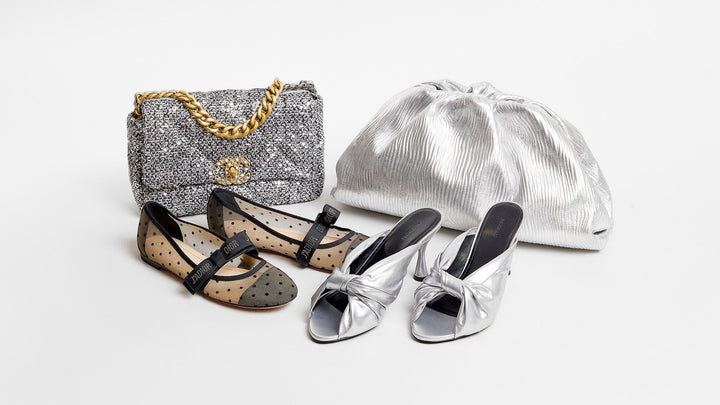 silver and metallic bags and accessories including chanel 19 bag, bottega veneta pouch and dior ballet flats by FASHIONPHILE